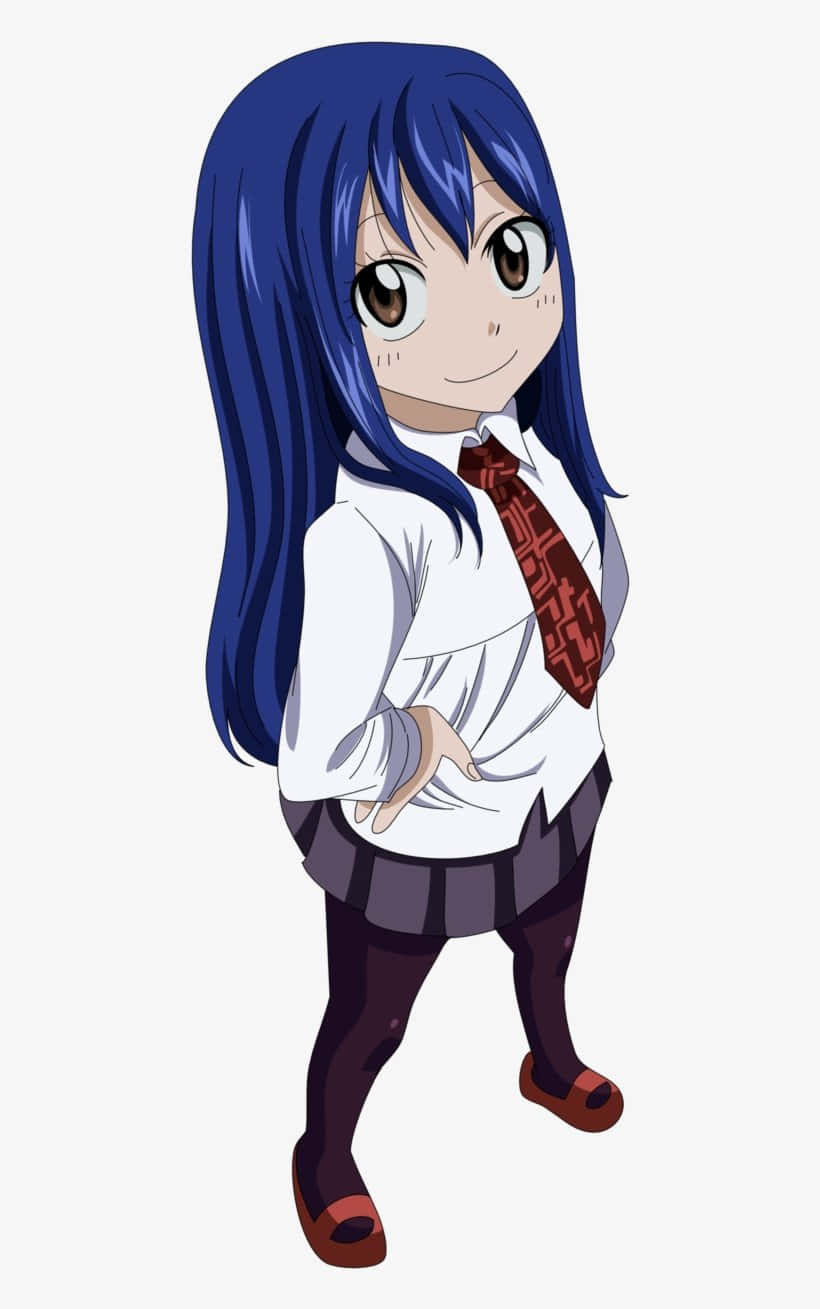 Wendy Marvell 桌布 壁紙 — 一位開朗的動漫女孩，長著藍色長髮和棕色眼睛，穿著白色襯衫、紅色領帶和深色裙子微笑。