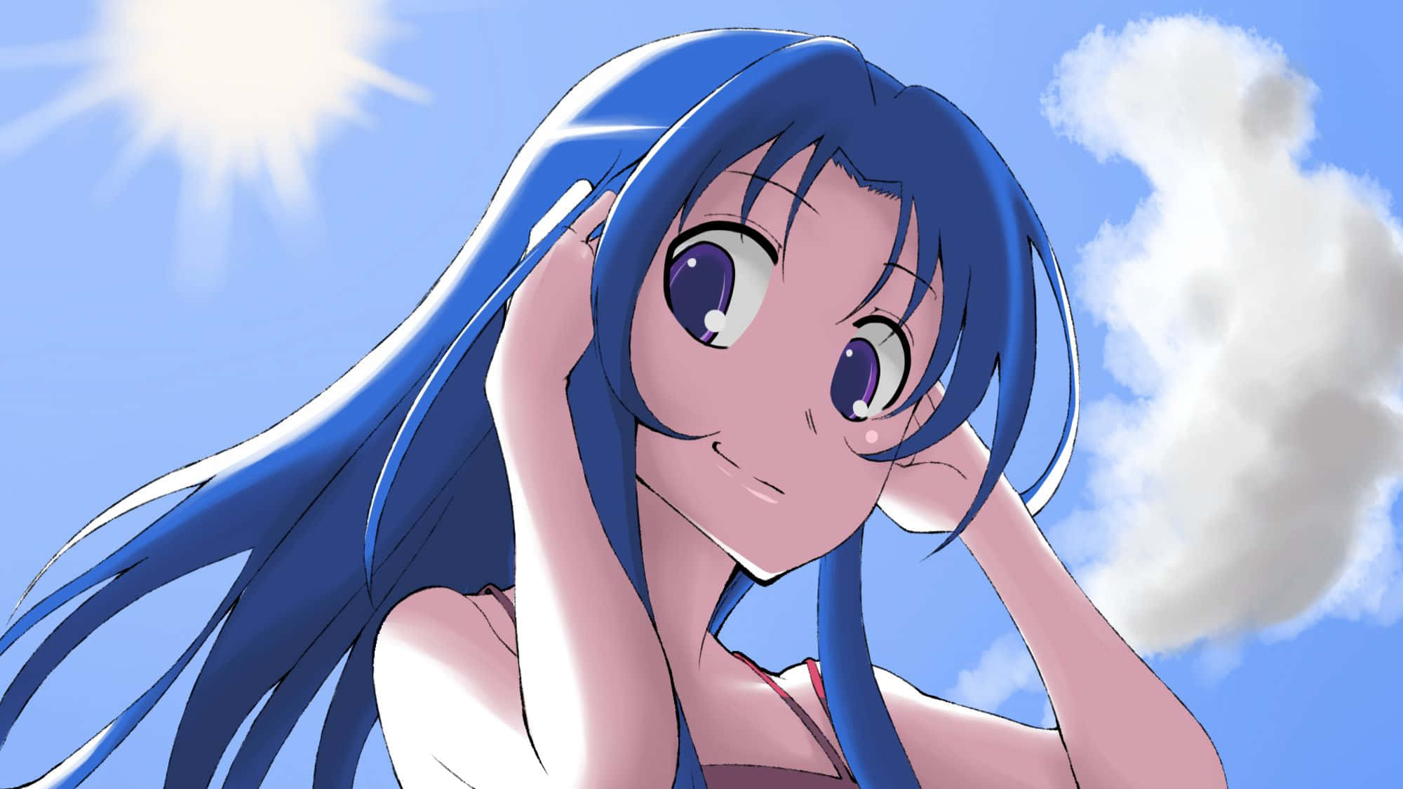 Ami Kawashima 桌布 壁紙 — 一位開朗的動漫女孩，長著藍色長髮，在明亮的陽光下微笑，背景是晴朗的藍天和蓬鬆的白雲。