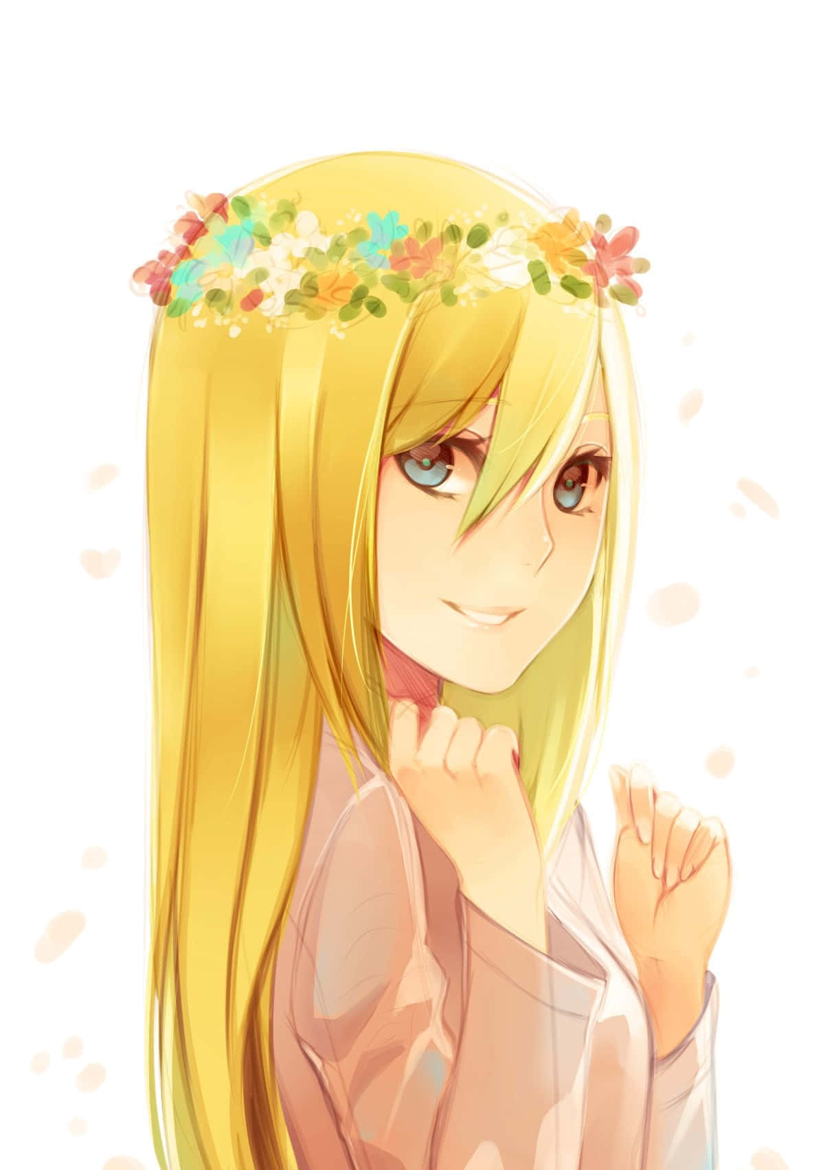 Historia Reiss 桌布 壁紙 — 一位開朗的動漫女孩，長著金色長髮，戴著色彩繽紛的花冠，在柔和的白色背景前溫柔地微笑。