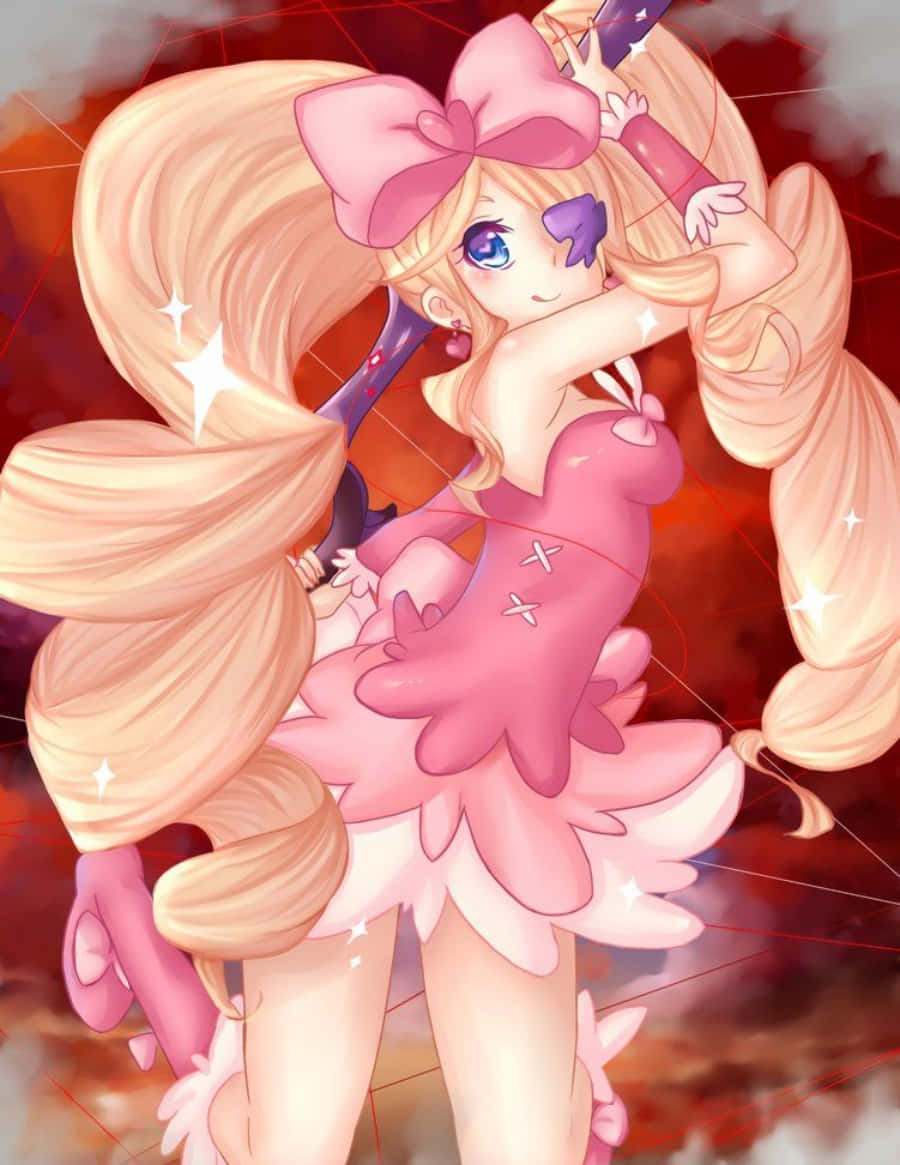 Nui Harime 桌布 壁紙 — 一位開朗的動漫女孩，長長的金色頭髮和一個巨大的粉紅色蝴蝶結，在火紅的背景中揮舞著魔法杖。
