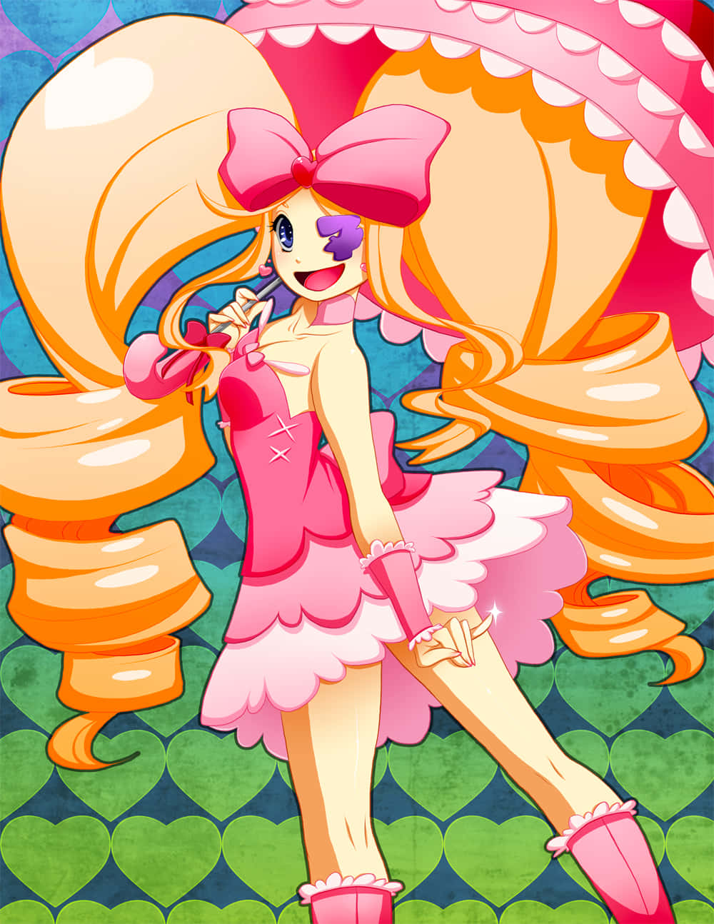 Nui Harime 桌布 壁紙 — 一位開朗的動漫女孩，長長的金色頭髮和一個巨大的粉紅色蝴蝶結，穿著荷葉邊粉紅色連衣裙，背景是心形圖案。