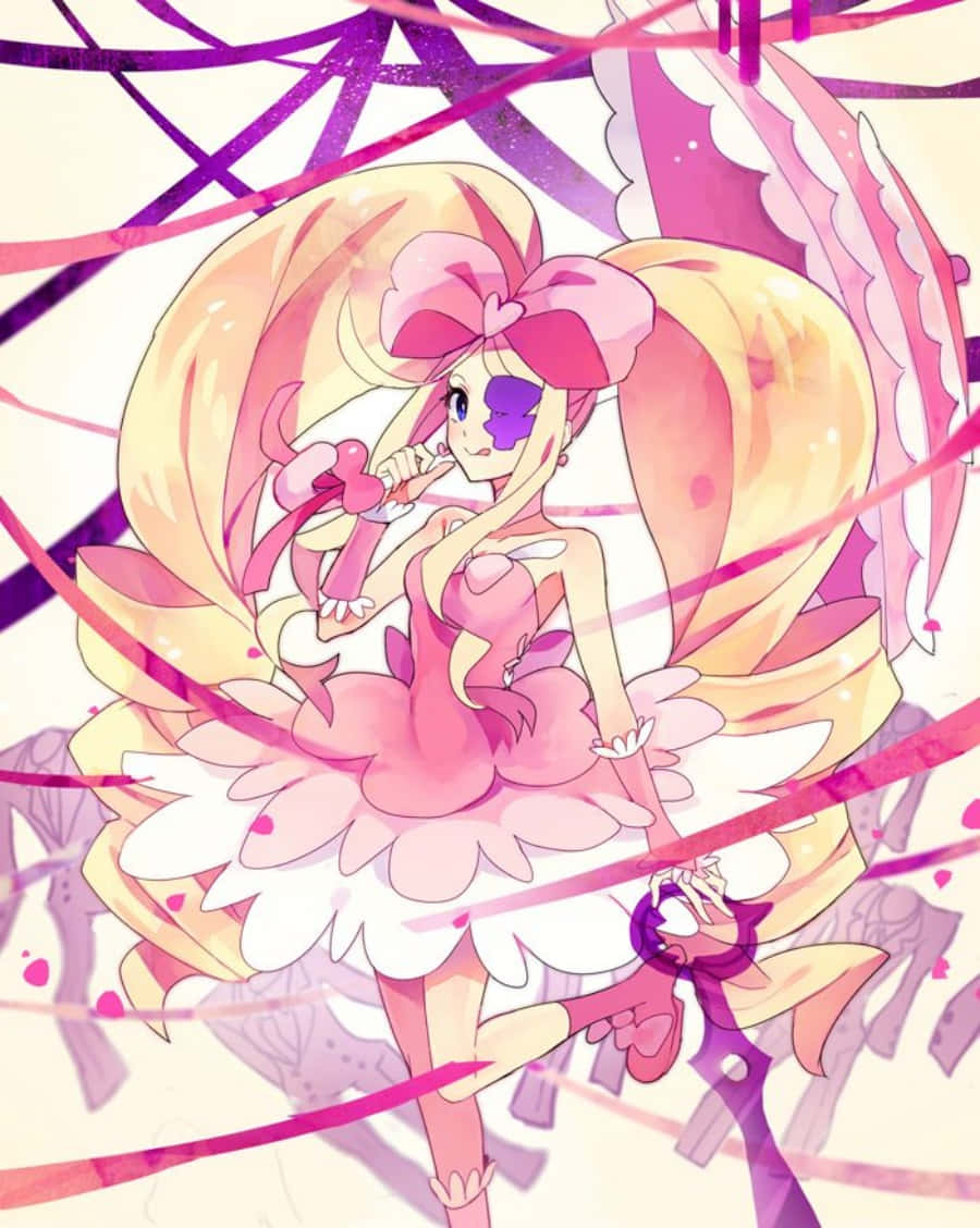 Nui Harime 桌布 壁紙 — 一位開朗的動漫女孩，長長的金髮和粉紅色蝴蝶結，在充滿活力的粉彩世界中，在旋轉的絲帶間翩翩起舞。