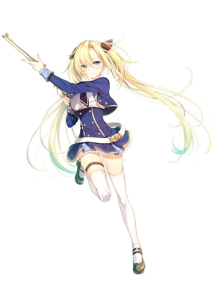 Excalibur 桌布 壁紙 — 一位開朗的動漫女孩，長長的金髮和藍眼睛，身穿海軍藍制服，手持步槍，動態跳躍。