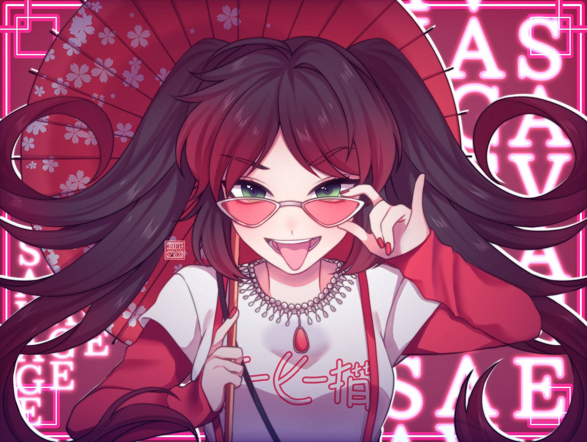 The Krew Draca 壁紙 — 一位開朗的動漫女孩，長長的黑髮，戴著粉紅色太陽眼鏡，伸出舌頭，手持紅色花卉扇子，背景是發光的霓虹燈招牌。