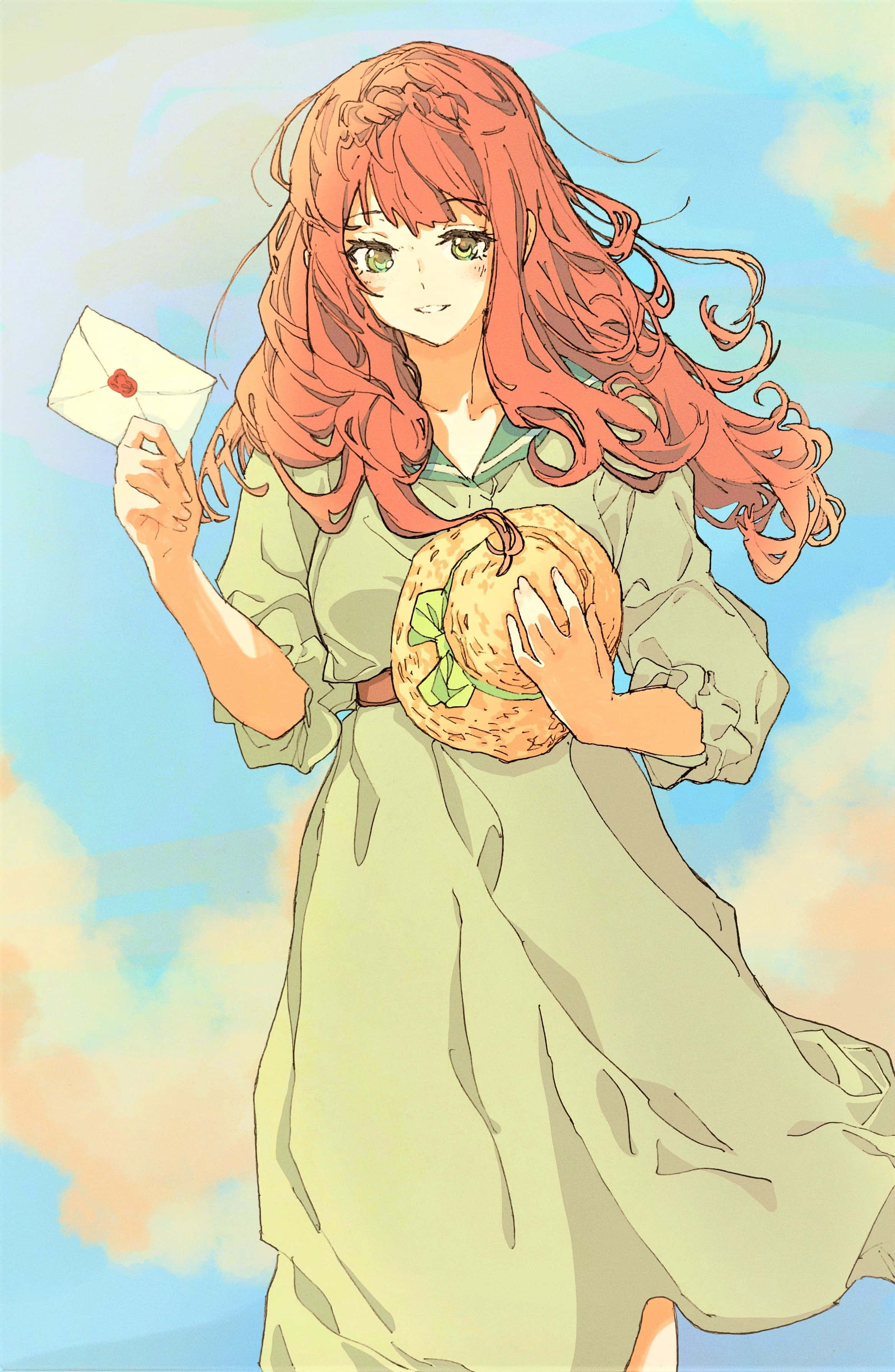 Luculia Marlborough 桌布 壁紙 — 一位開朗的動漫女孩，飄逸的紅髮，在柔和的粉彩天空下拿著一封信和一個編織籃子。