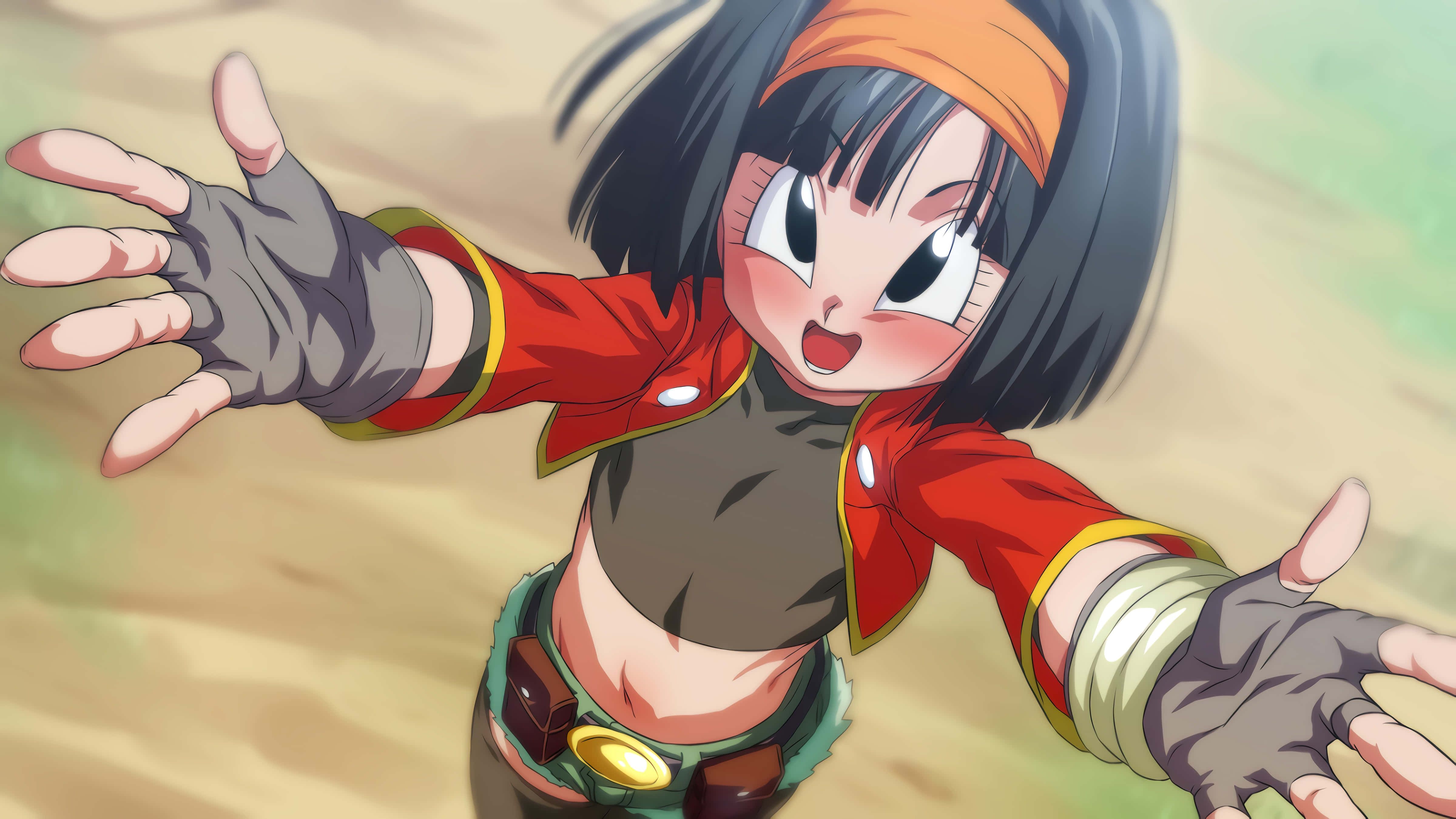 Dragon Ball Heroes 桌布 壁紙 — 一位開朗的動漫女孩，黑髮戴橙色頭帶，雙手向前伸出做出歡迎手勢。