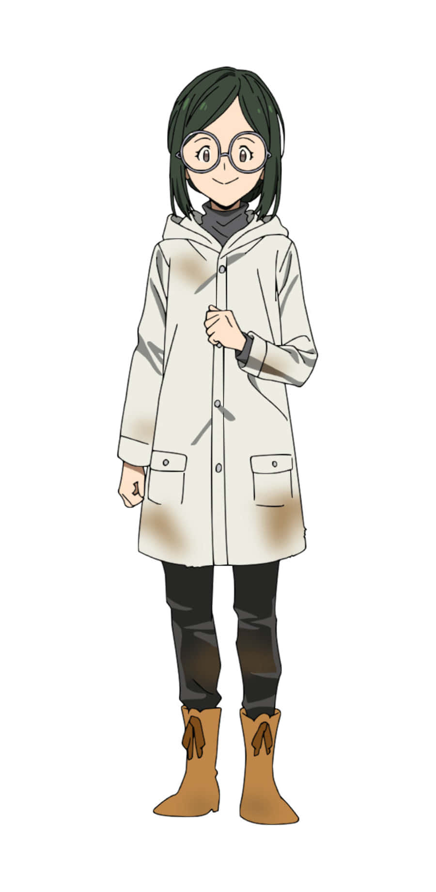 The Promised Neverland Gilda 桌布 壁紙 — 一位開朗的動漫女孩，黑髮戴眼鏡，穿著沾污的米色外套和棕色靴子，背景是純白色。