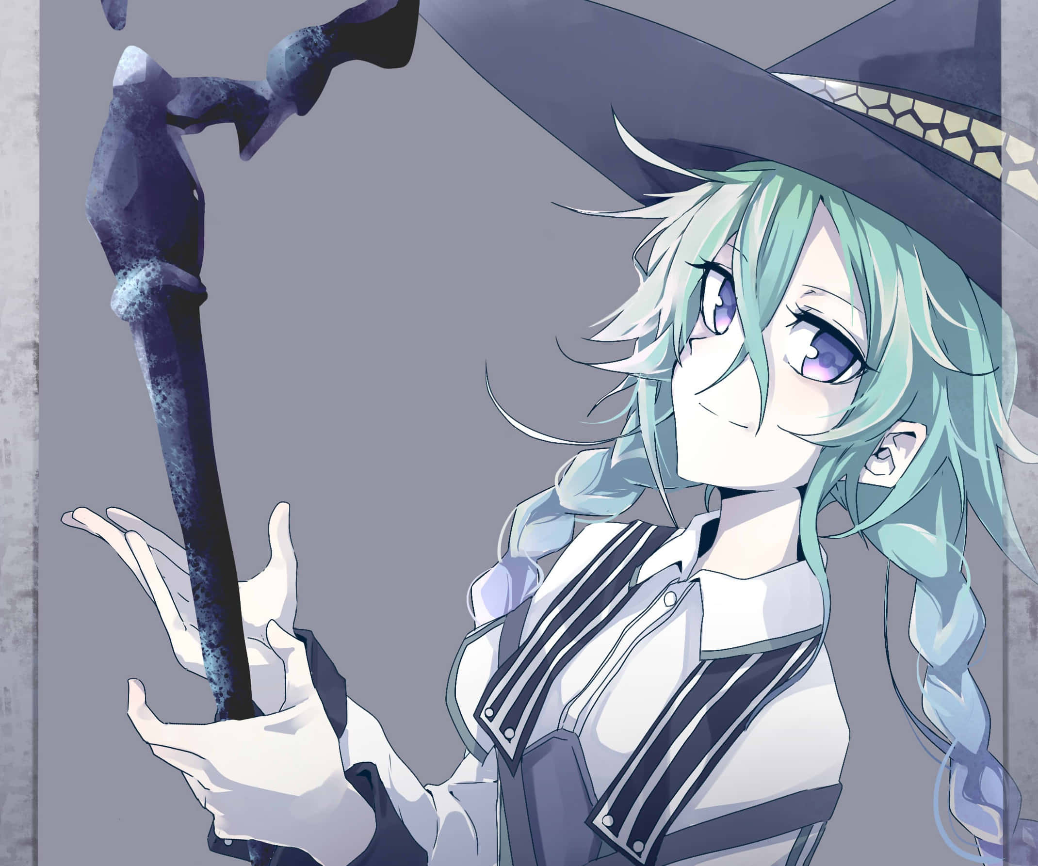 Mushoku Tensei 桌布 壁紙 — 一位開朗的動漫女巫，擁有青綠色辮子頭髮和寬邊帽子，手持法杖對著觀眾微笑。