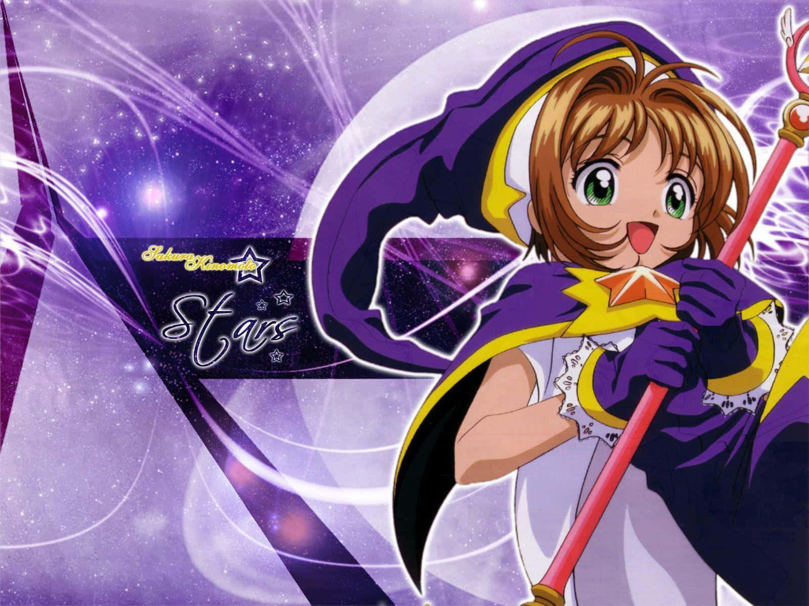 The Magical World of Cardcaptor Sakura 壁紙 — 一位開朗的動漫女巫，棕色頭髮，綠色眼睛，在閃閃發光的紫色宇宙背景下揮舞著紅色法杖。