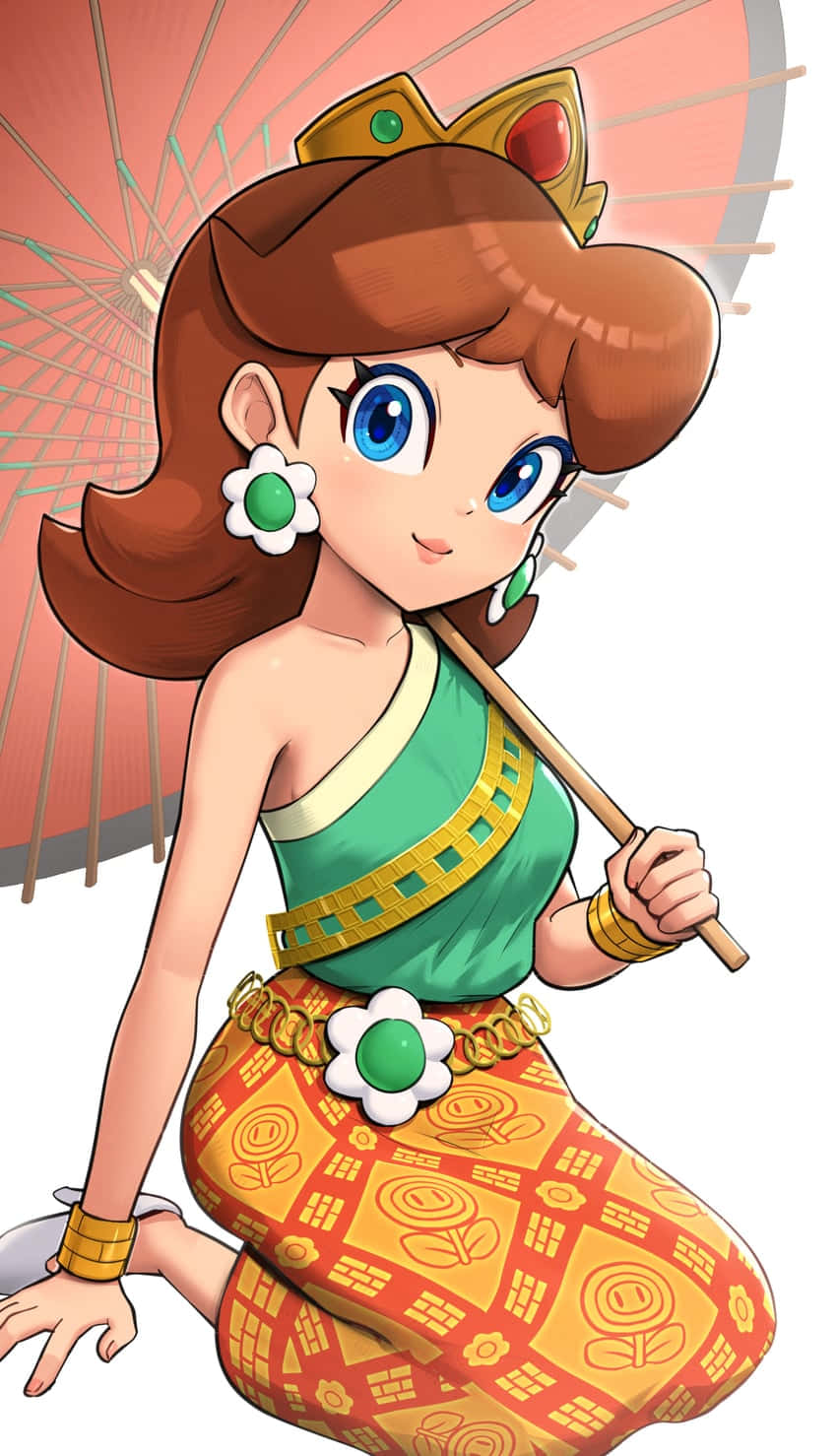Princess Daisy 桌布 壁紙 — 一位開朗的動漫風格公主，棕色頭髮，藍色眼睛，手持粉紅色陽傘，身穿綠色上衣和橙色圖案裙子。