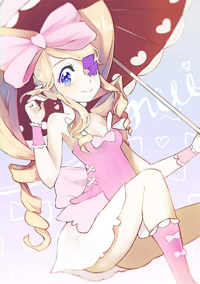 Nui Harime 桌布 壁紙 — 一位開朗的動畫女孩，金髮上繫著粉紅色蝴蝶結，手持心形圖案雨傘，溫柔微笑。
