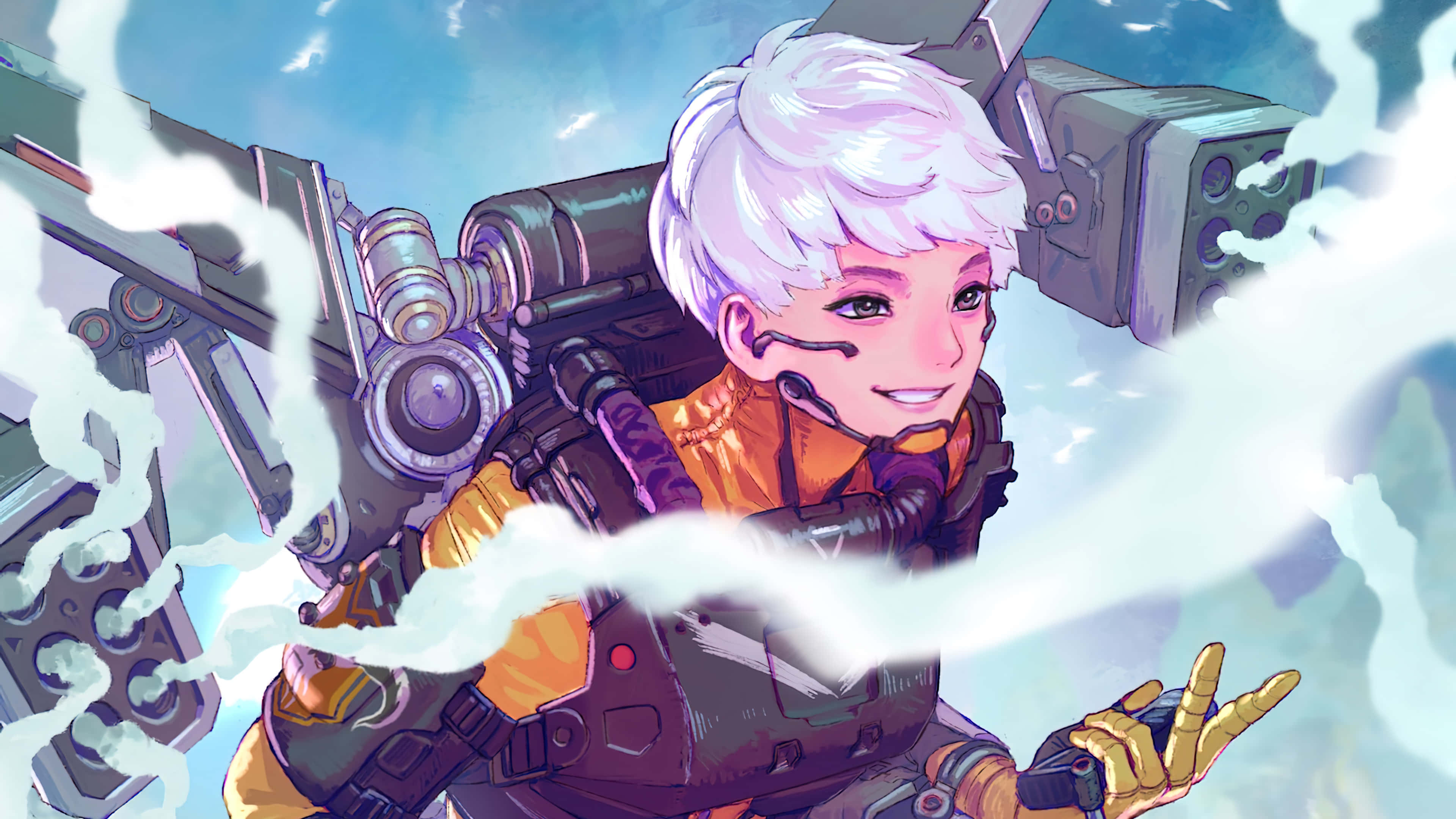 Apex Legends Characters 桌布 壁紙 — 一位開朗的動畫機師，白髮、身穿橙色套裝，駕駛機甲在明亮天空下穿過旋轉的雲層。