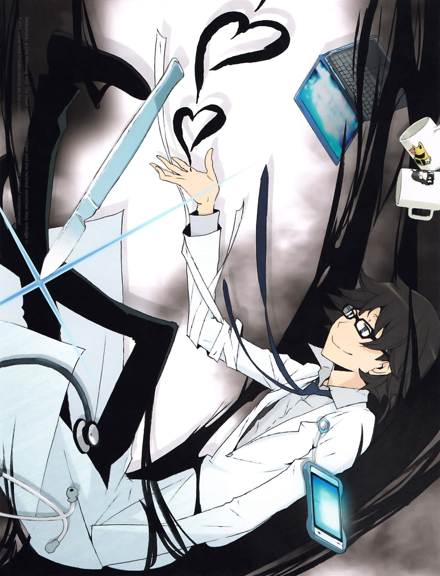 Shinra Kishitani 桌布 壁紙 — 一位開朗的動畫醫生穿著白袍伸出手，發光的愛心和科技小工具在他周圍漂浮，形成動態的黑白場景。