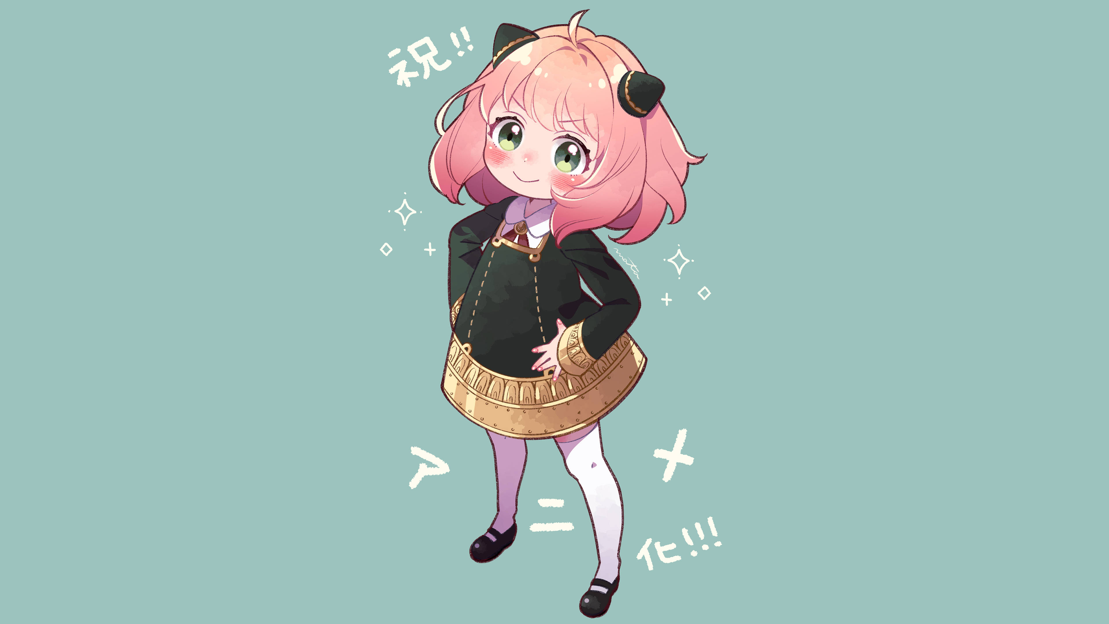 動漫女孩 桌布 壁紙 — 一位開朗的粉紅色頭髮動漫女孩，穿著黑色和金色的服裝，在薄荷綠色背景上微笑，帶有閃閃發光的文字。