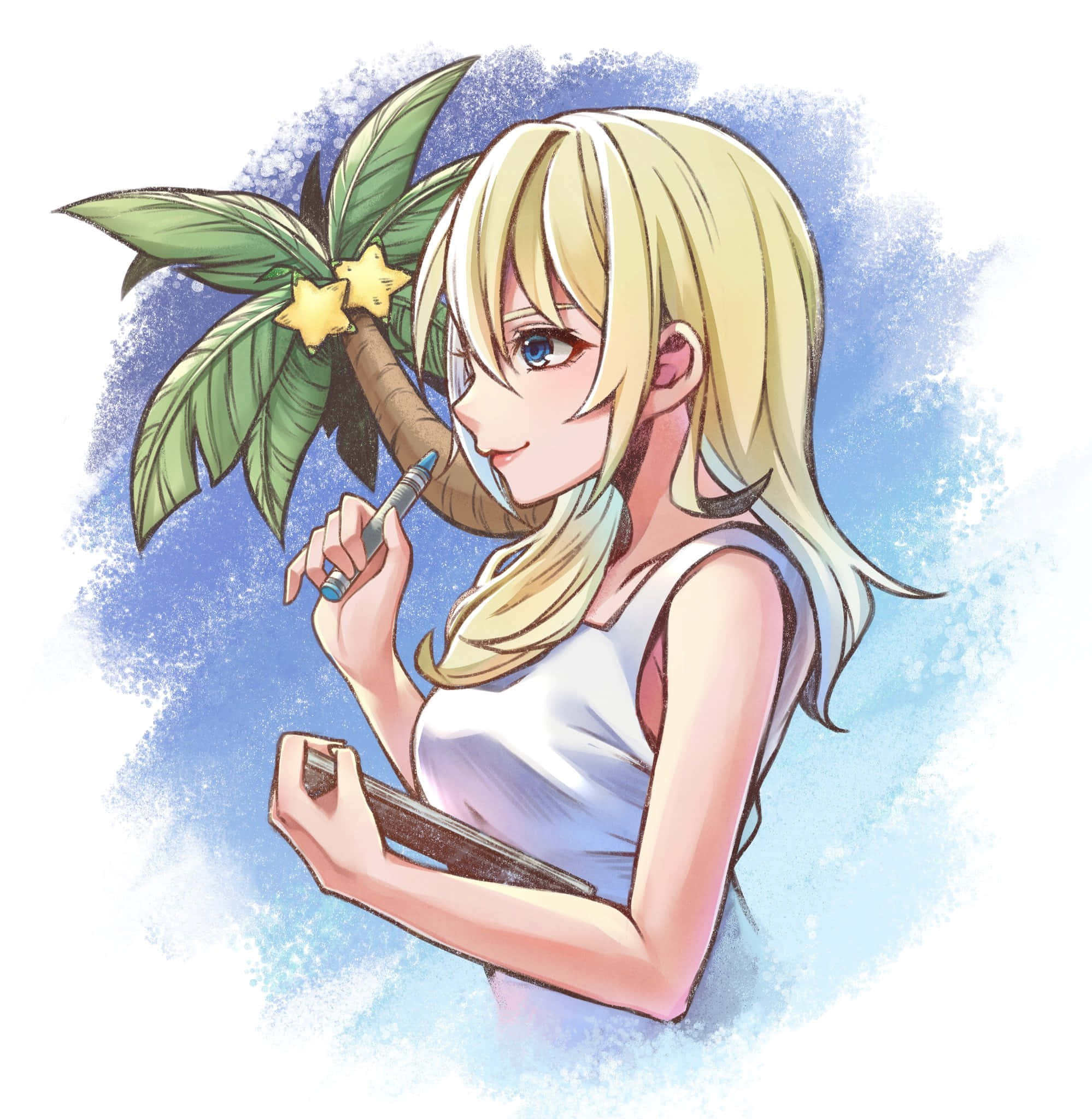 Kingdom Hearts Namine 桌布 壁紙 — 一位開朗的金髮動漫女孩，在柔和的藍色水彩背景上手持棕櫚葉和觸控筆。