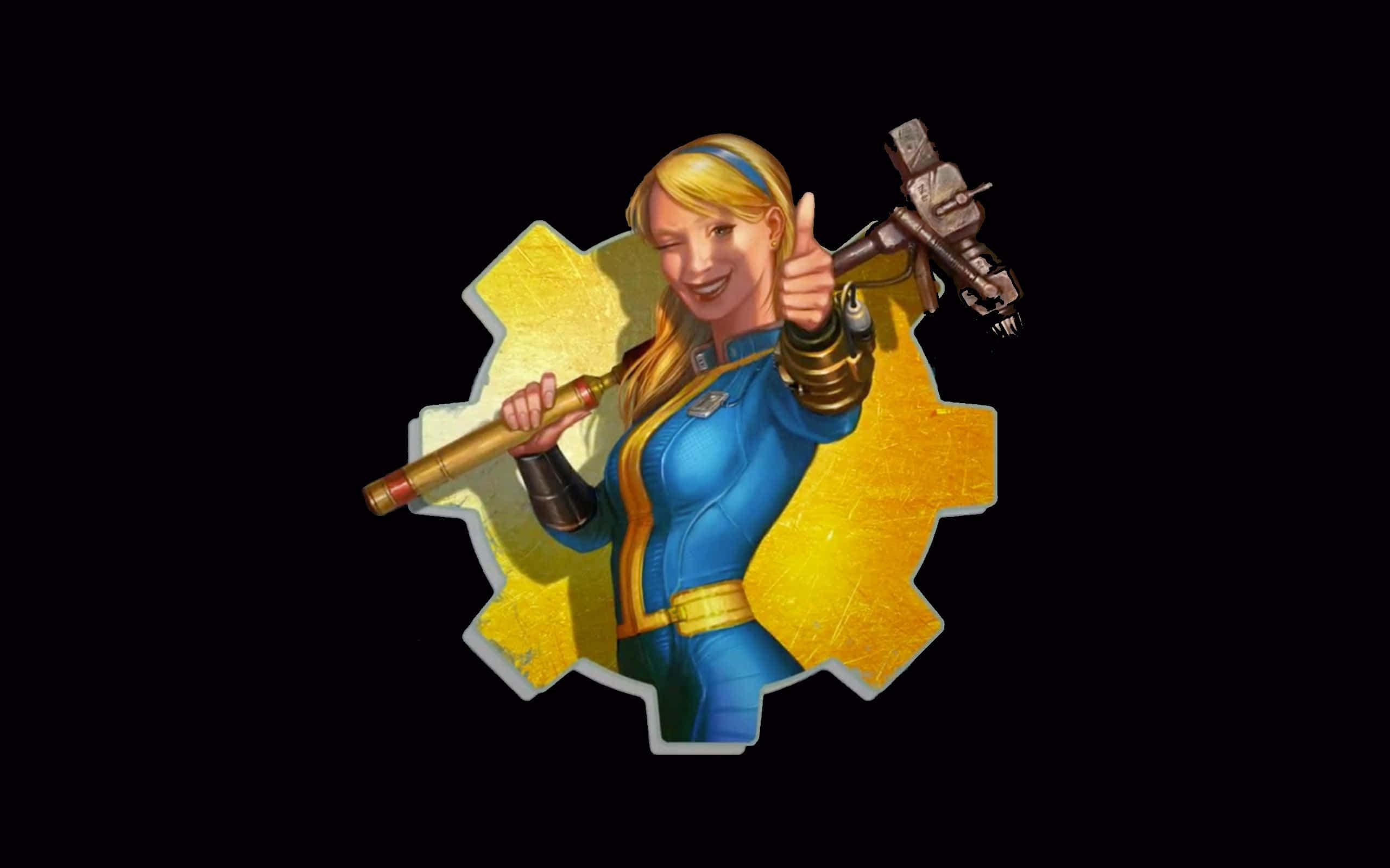 Fallout 4 Vault 桌布 壁紙 — 一位開朗的金髮女性穿著藍色連身工作服，在發光的黃色齒輪前拿著電鑽和扳手豎起大拇指。