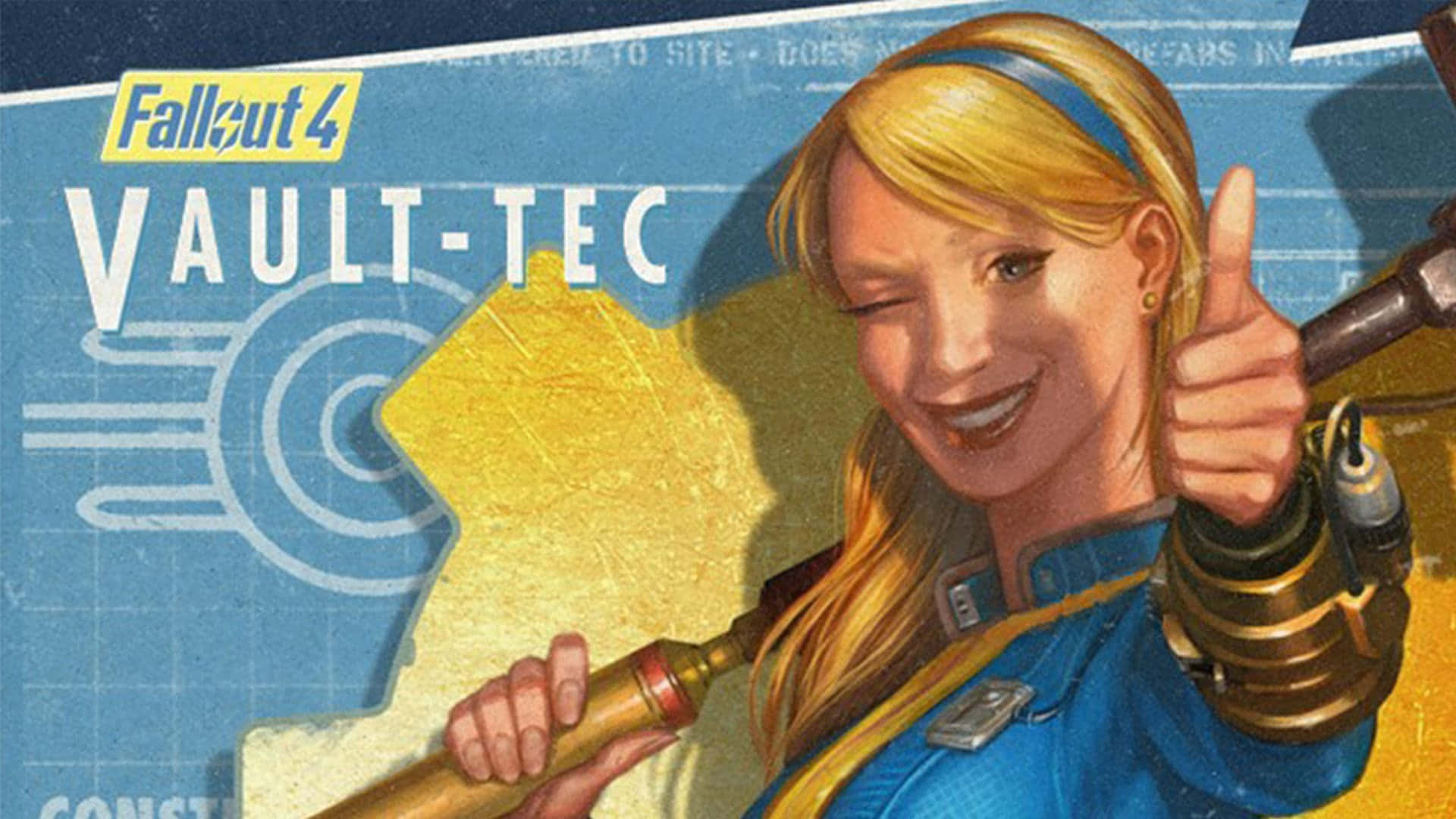 Vault-tec 桌布 壁紙 — 一位開朗的金髮女性身穿藍色Vault-Tec制服，在藍圖背景前手持電動工具豎起大拇指。