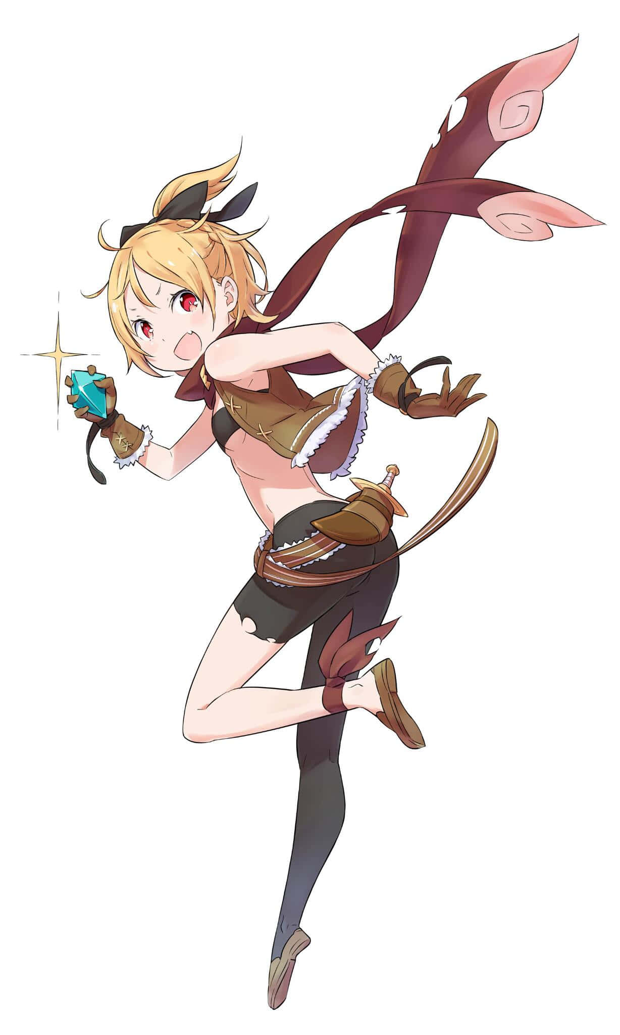 Re Zero Felt 桌布 壁紙 — 一位開朗的金髮紅眼動漫女孩，手持發光藍色寶石和腰間佩劍，動態跳躍。
