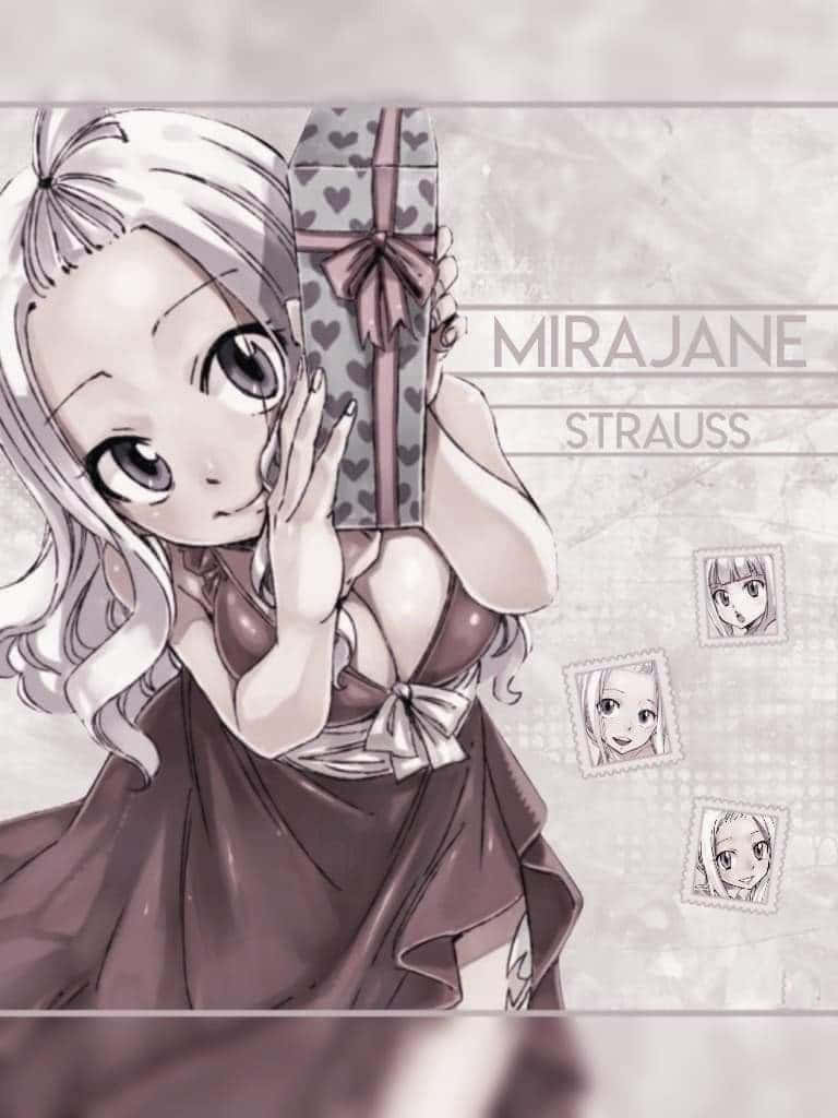 Mirajane Strauss 桌布 壁紙 — 一位開朗的銀髮動漫女孩拿著心形圖案的禮物盒，從後面探頭出來。