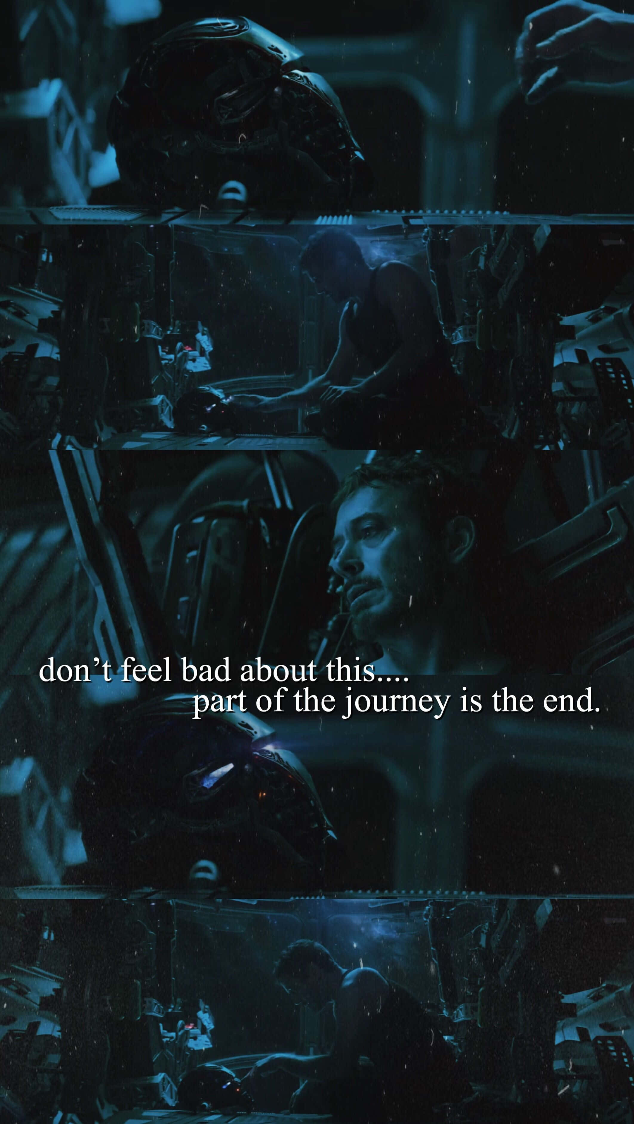 Iron Man Quotes 桌布 壁紙 — 一位陰鬱的太空人在黑暗的駕駛艙中，雨水沿著窗戶流下，在微弱的藍光照射下若有所思地凝視著。