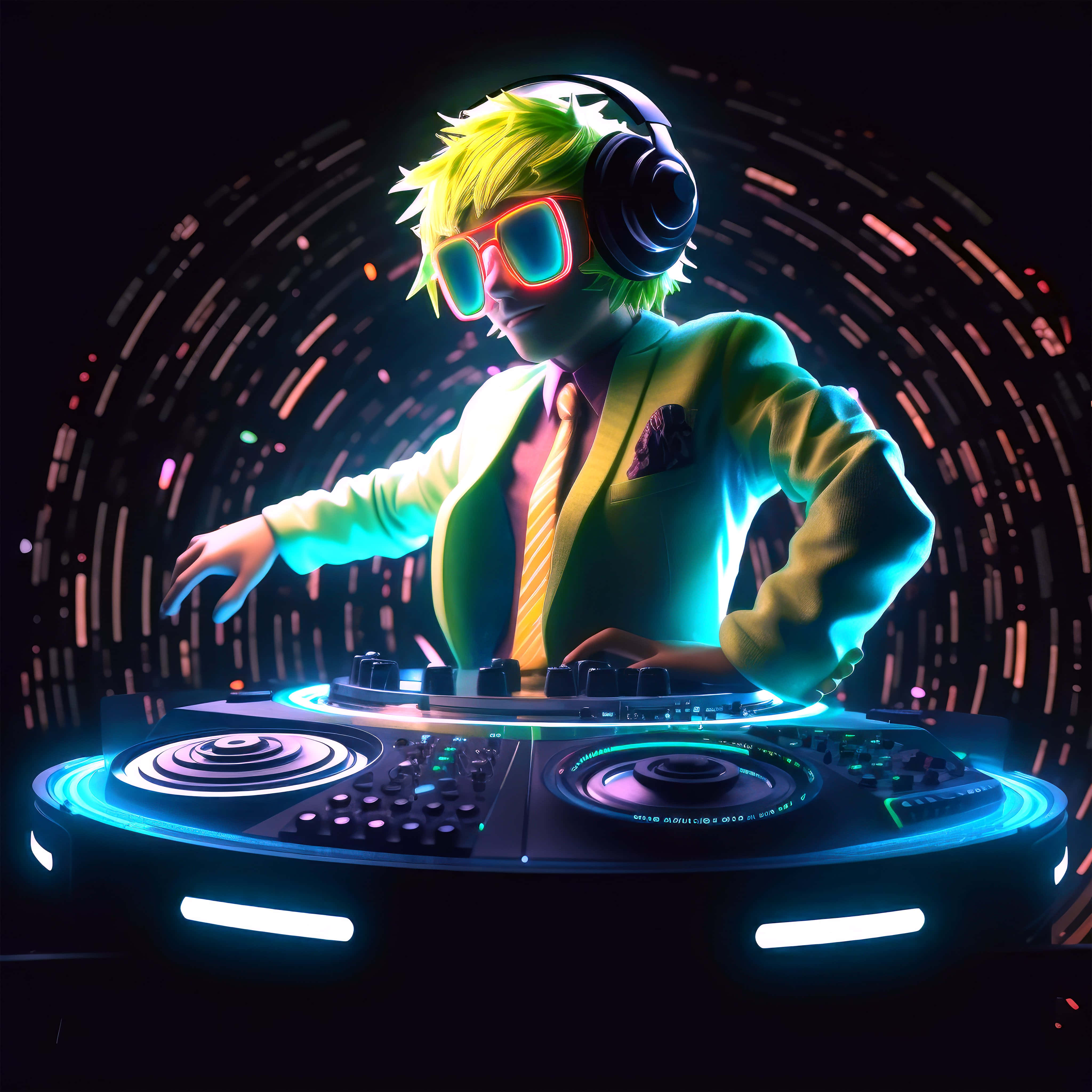 DJ 桌布 壁紙 — 一位霓虹燈照亮的動畫DJ，擁有發光的綠色頭髮和太陽眼鏡，在旋轉的光隧道前於未來主義的唱盤上混音曲目。