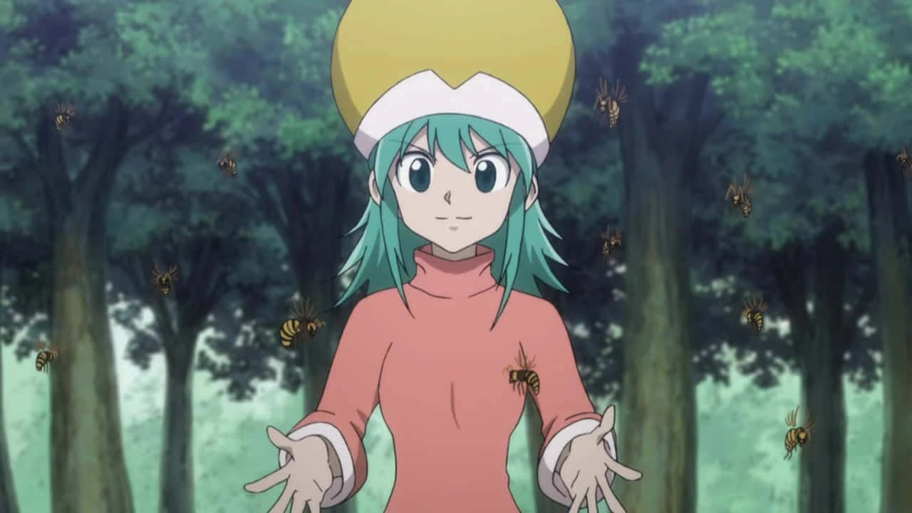 Hunter X Hunter Ponzu 桌布 壁紙 — 一位青綠色頭髮的動漫女孩，身穿粉紅色毛衣和黃色帽子，在森林中平靜地站著，蜜蜂在她周圍飛舞。