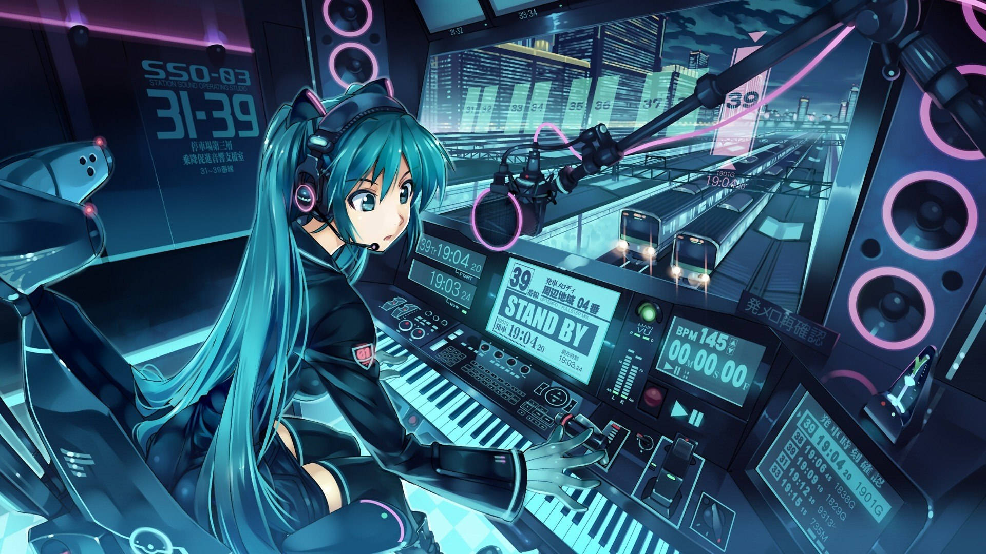 miku 桌布 壁紙 — 一位青綠色頭髮的動漫女孩在未來風格的DJ台前，周圍是發光的屏幕和霓虹燈。