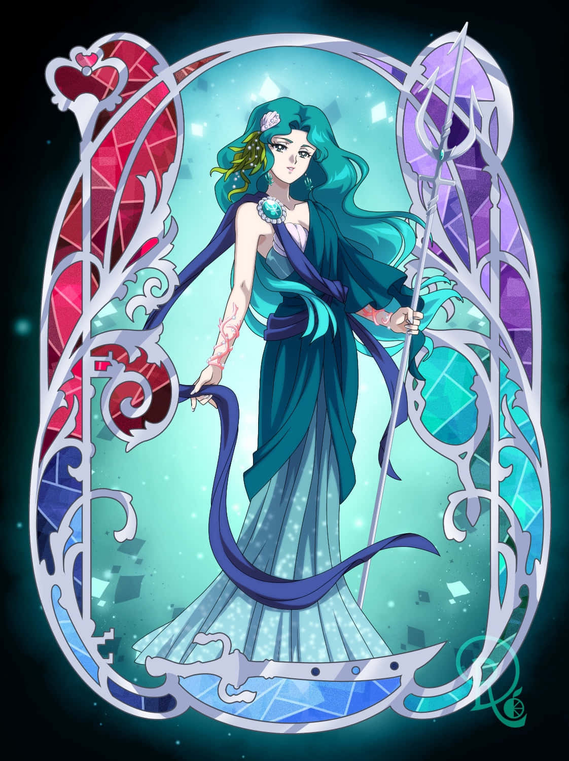 sailor neptune 桌布 壁紙 — 一位青綠色頭髮的動漫女神，身穿飄逸的藍色長袍，在華麗的彩繪玻璃框架中手持三叉戟，散發著宇宙的光芒。