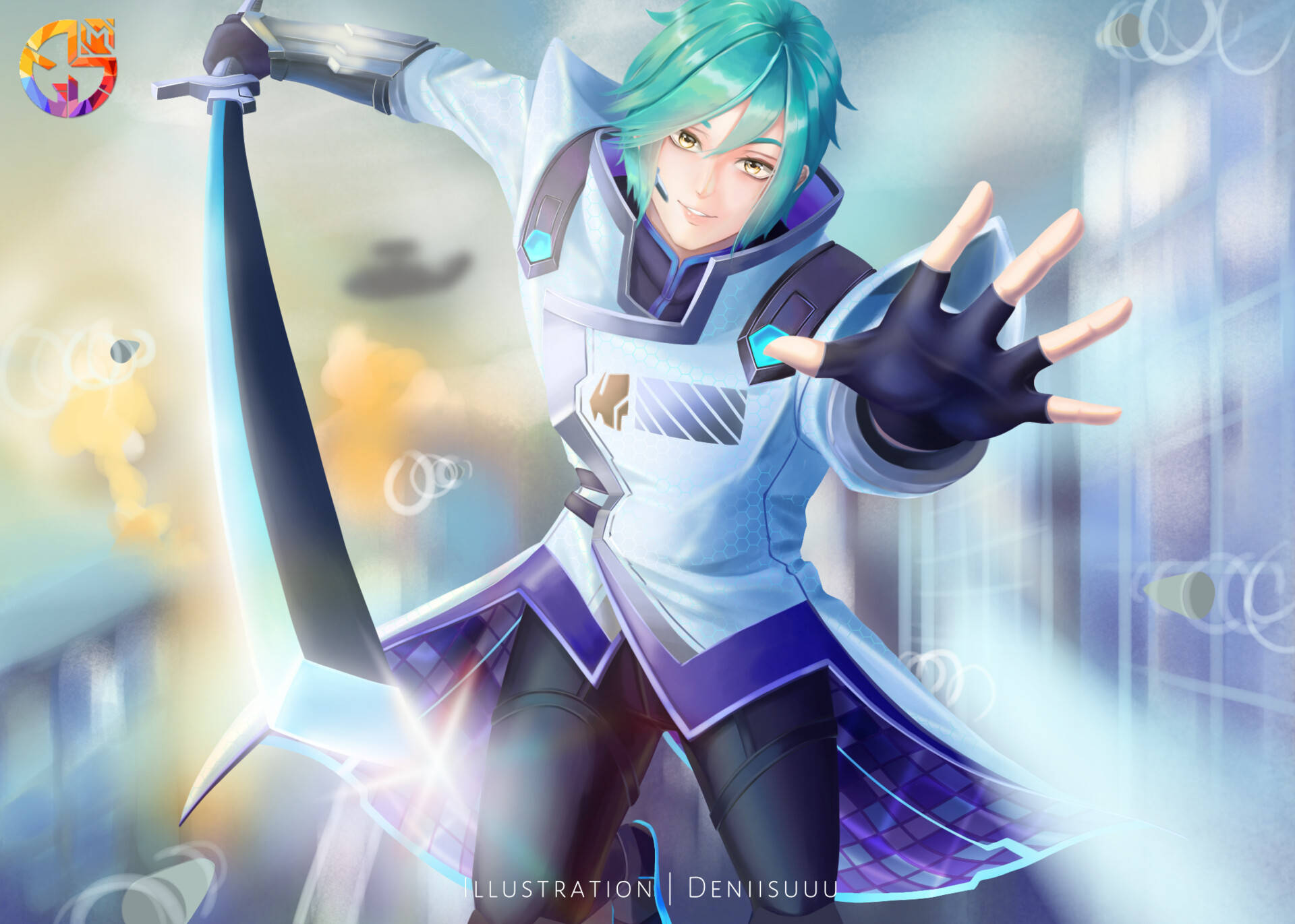 Mobile Legends 桌布 壁紙 — 一位青綠色頭髮的動漫戰士，身穿白色和紫色盔甲，在明亮的抽象背景前自信微笑，揮舞著發光的劍。