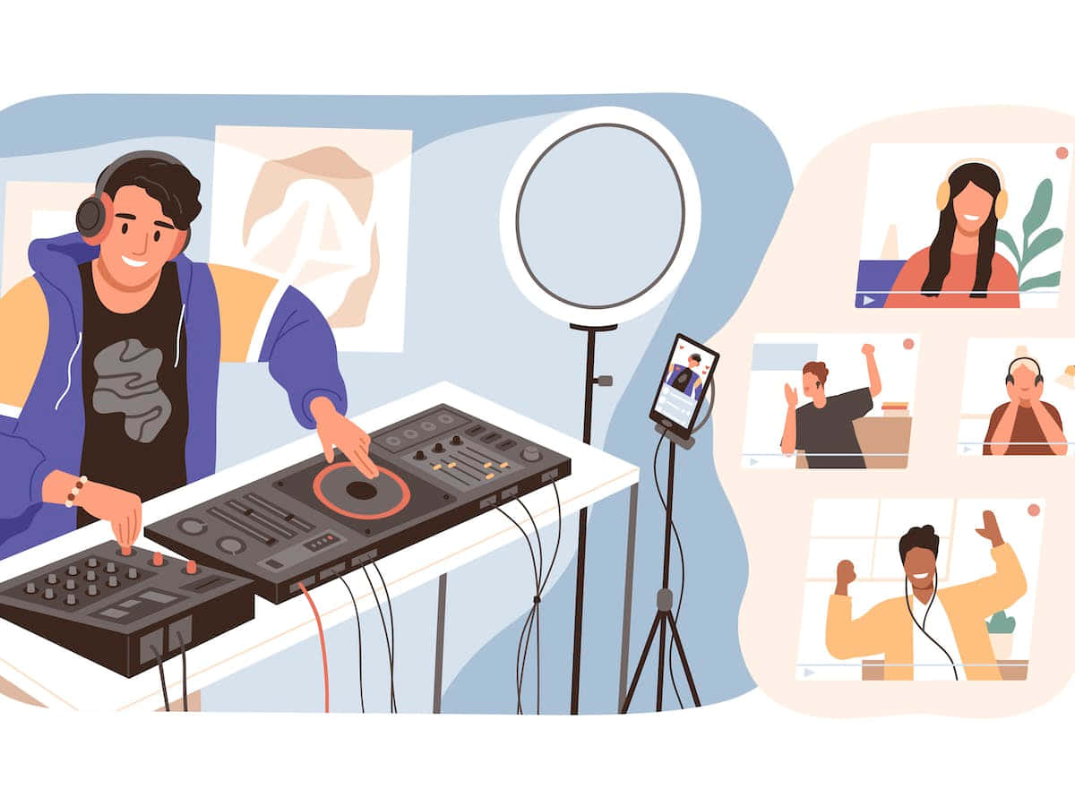 DJ 桌布 壁紙 — 一位面帶微笑的DJ戴著耳機在唱盤上混音，同時透過視像通話向投入的網上觀眾進行直播。