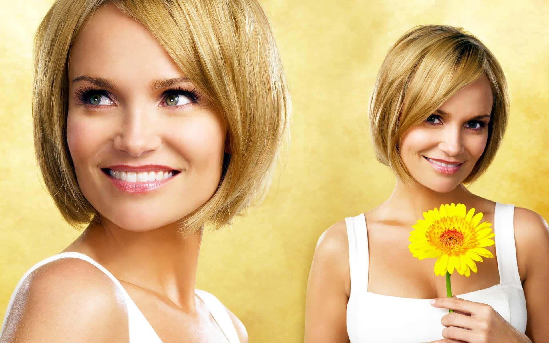kristin chenoweth 桌布 壁紙 — 一位面帶微笑的金色鮑伯頭女士，在溫暖的金色背景下手持一朵鮮黃色非洲菊雛菊。