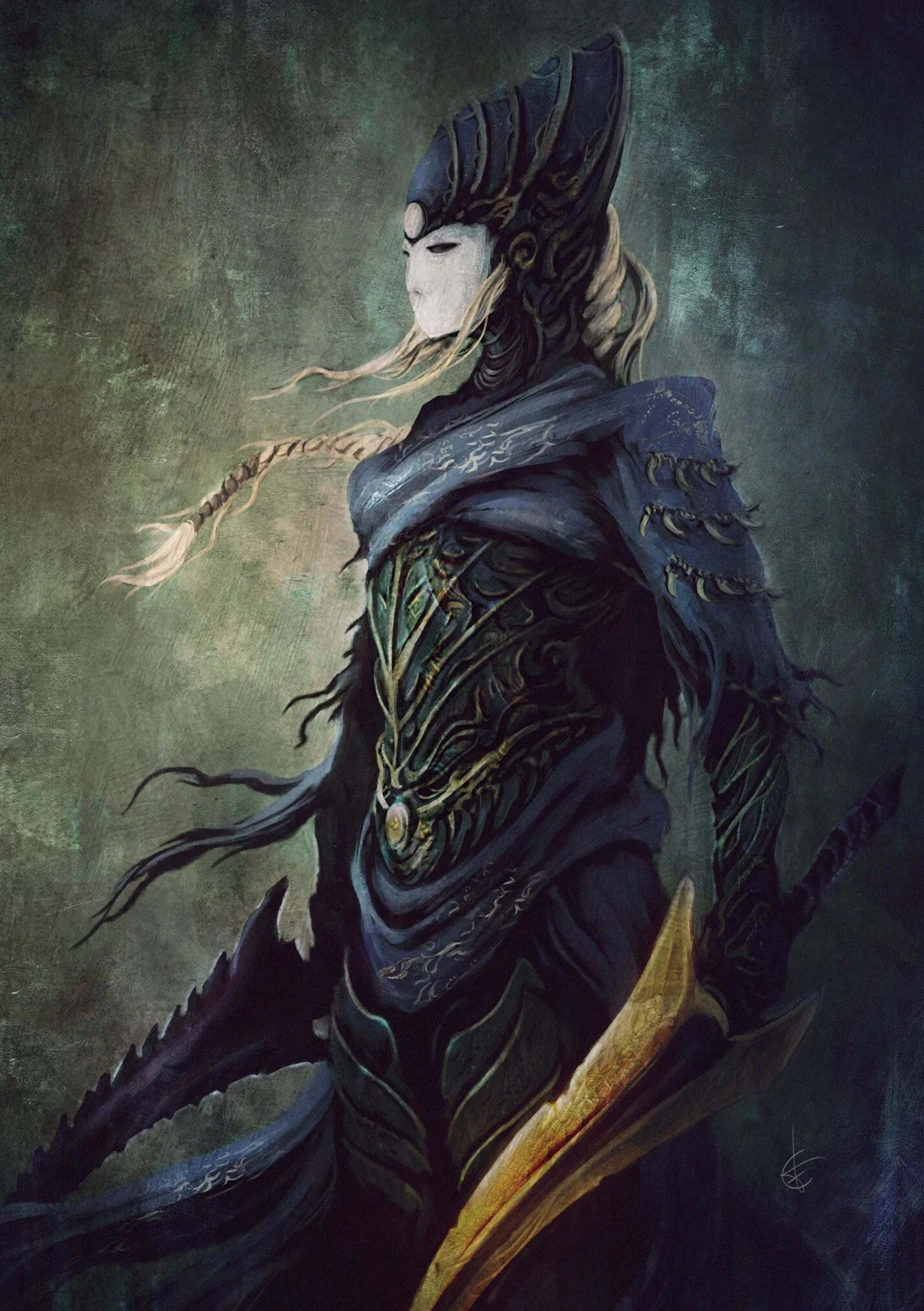 Ciaran 桌布 壁紙 — 一位面色蒼白、辮子頭髮的黑暗奇幻戰士，身穿陰影盔甲，手持金色刀刃。