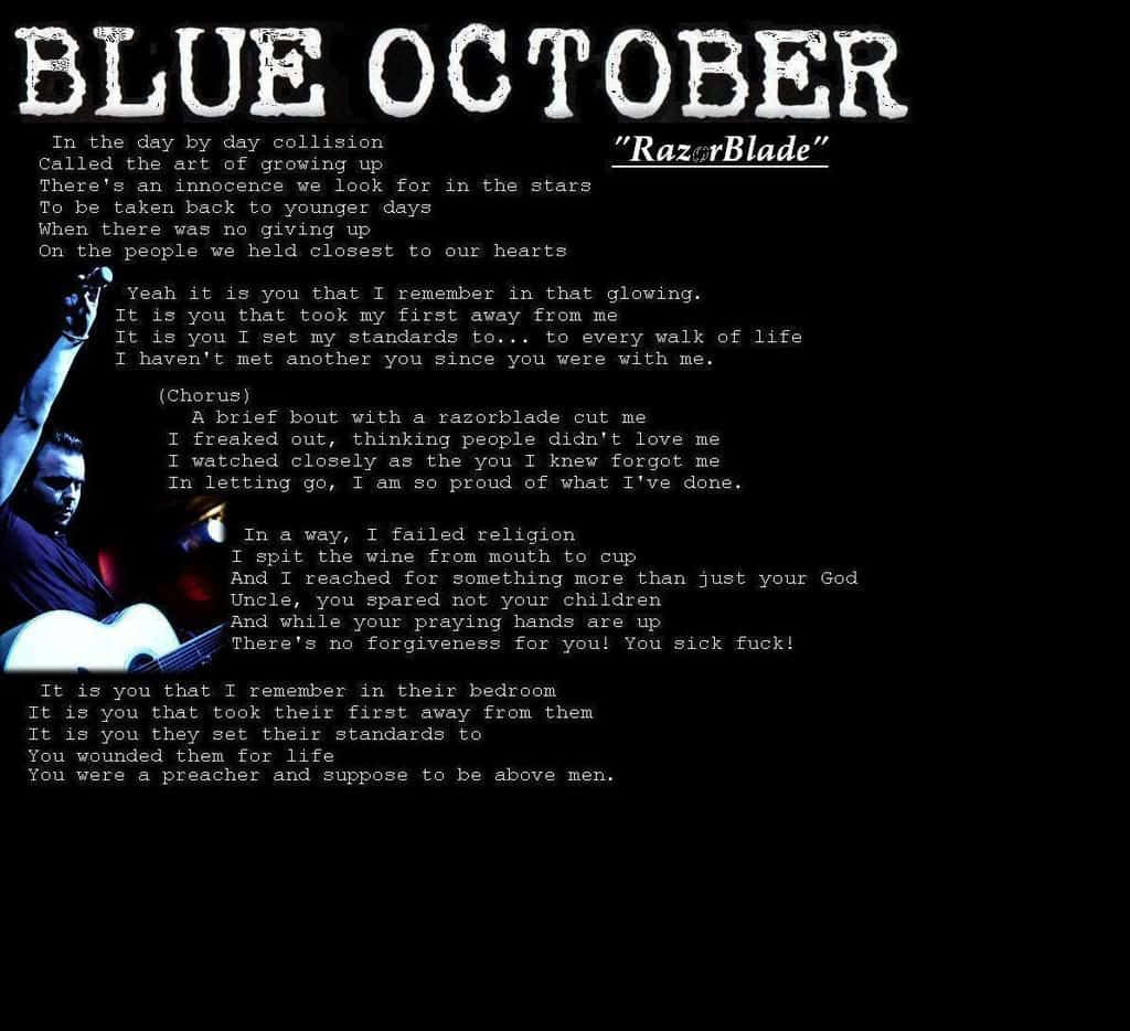 Blue October 桌布 壁紙 — 一位音樂人舉起拳頭並拿著結他，在黑色背景上以白色文字顯示Blue October的《Razorblade》歌詞中表演。