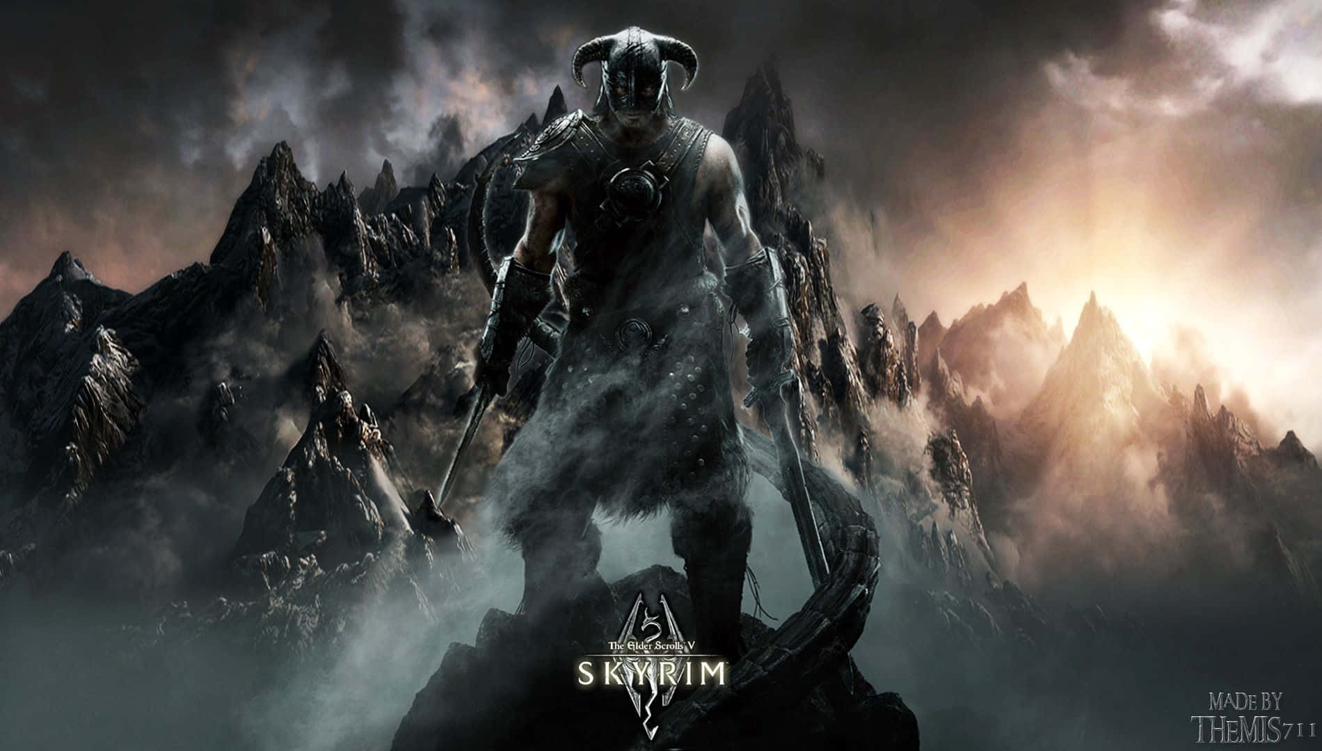 dovahkiin 桌布 壁紙 — 一位頭戴角盔、身穿鎧甲的戰士，站在霧氣繚繞的山頂上，背景是戲劇性的暮色天空。