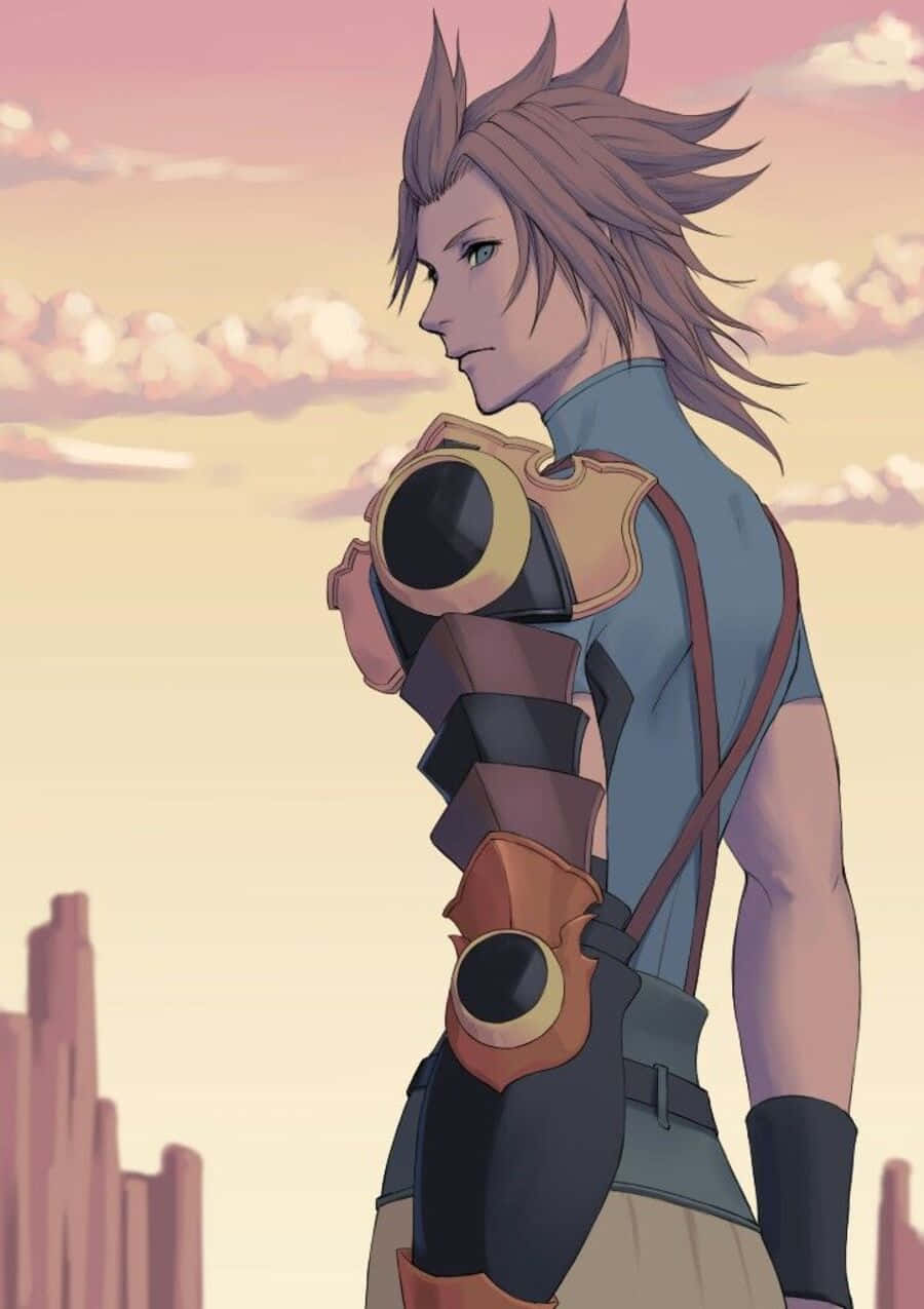 Kingdom Hearts Terra 桌布 壁紙 — 一位頭髮尖刺的動漫戰士身穿盔甲，側身站在柔和的粉紅和橙色日落天空下，遠方有城市剪影。