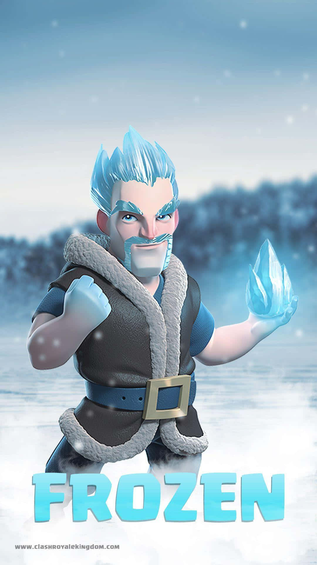 Clash Royale 桌布 壁紙 — 一位頭髮結霜的戰士穿著毛皮襯裡的盔甲，站在雪地中揮舞著冰晶。