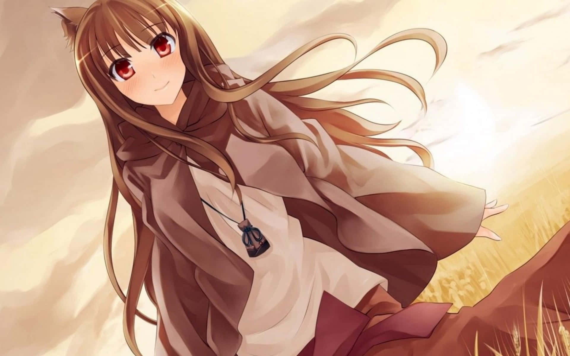擁有貓耳和紅眼睛的動漫女孩在金色田野中微笑，風吹動她的頭髮。