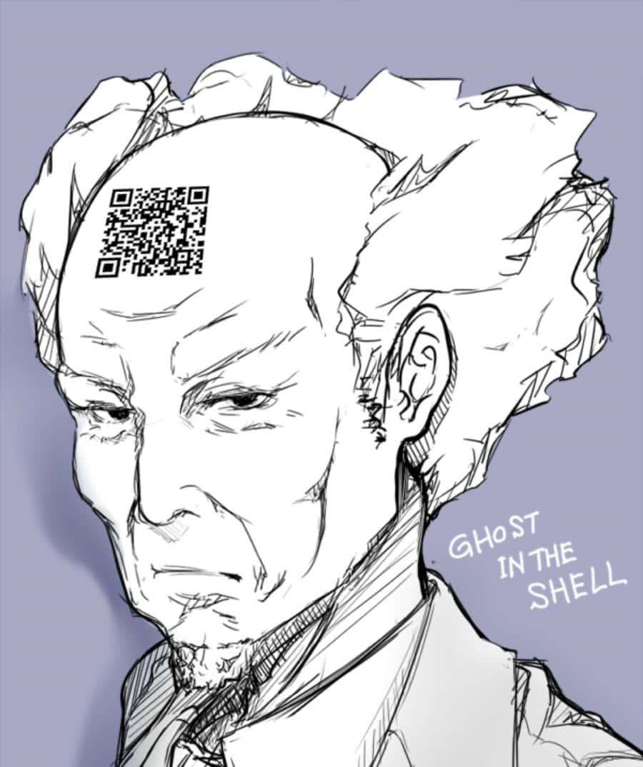 Ghost In The Shell Daisuke Aramaki 桌布 壁紙 — 一位額頭上有QR碼、旁邊有《攻殼機動隊》文字的長者素描風格肖像。