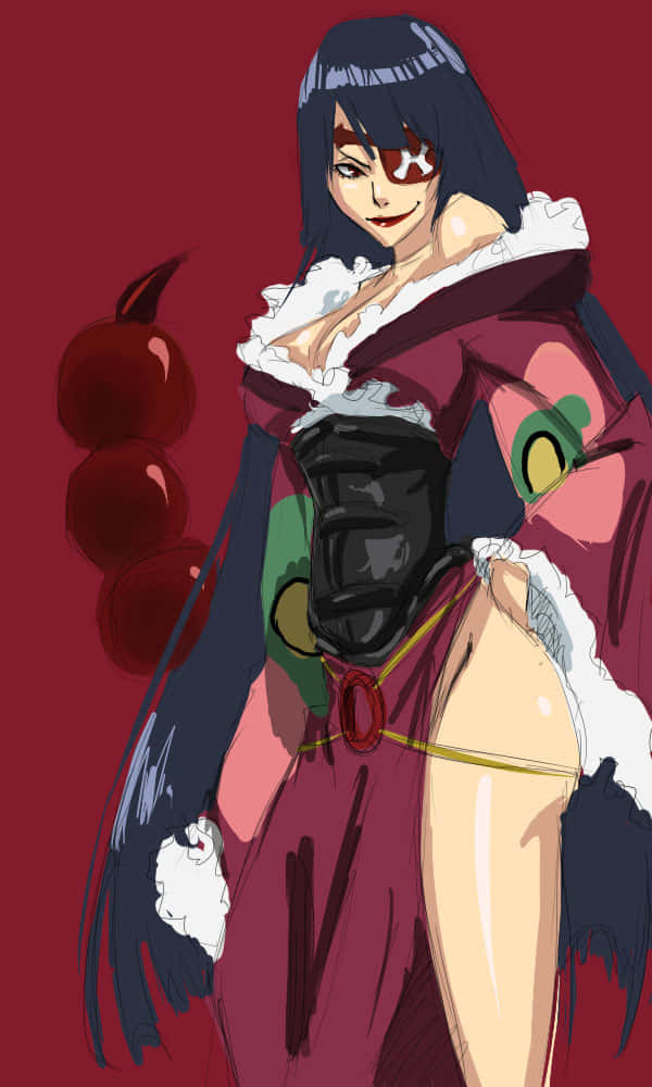 Gurren Lagann Adiane 桌布 壁紙 — 一位風格化的動漫女性，深色頭髮和紅色眼睛標記，穿著暴露的栗色服裝，背景為深紅色。