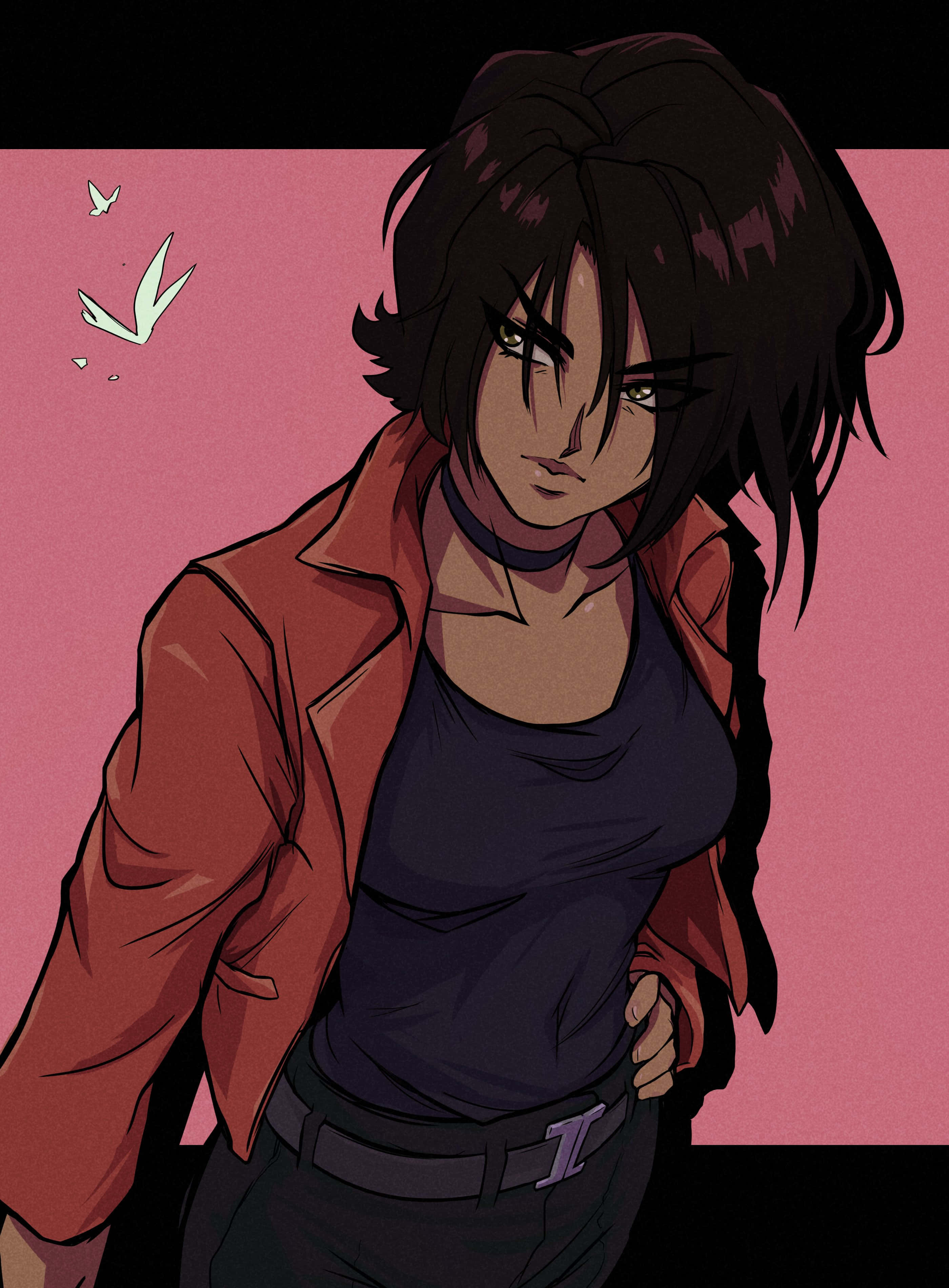 Cowboy Bebop Electra 桌布 壁紙 — 一位風格化的動漫女性，深色頭髮和綠色眼睛，穿著紅色外套內搭黑色上衣，背景為粉紅色並有白色鳥兒。