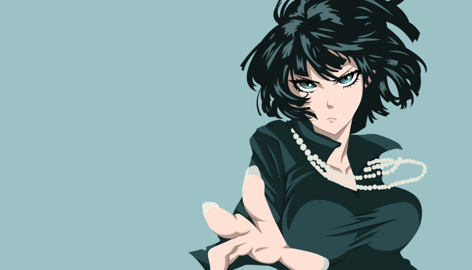 Fubuki 桌布 壁紙 — 一位風格化的動漫女性，短黑髮和綠眼睛，穿著黑色連衣裙和珍珠項鍊，在青綠色背景前伸出手。