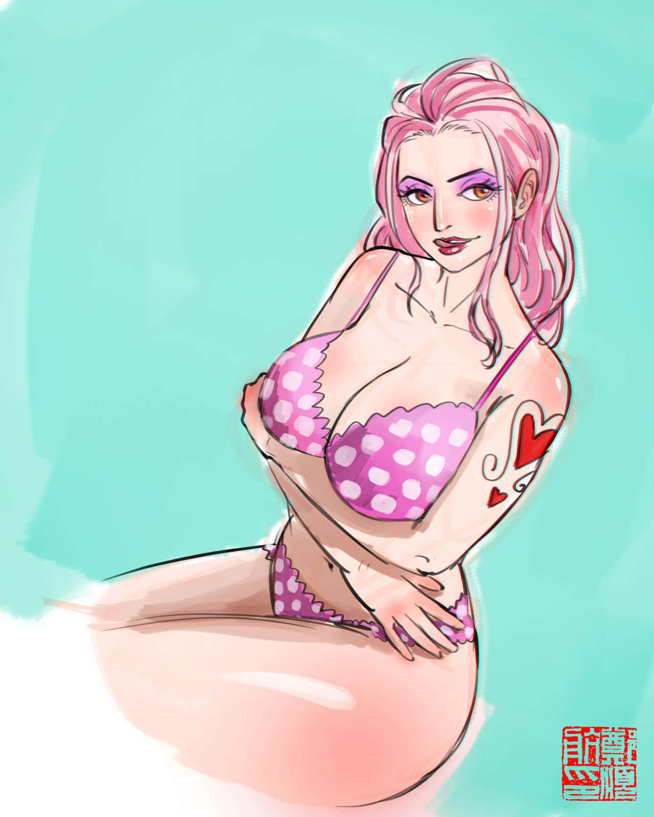 Charlotte Linlin 桌布 壁紙 — 一位風格化的動漫女性，粉紅色頭髮和波點比堅尼，在青綠色背景前自信地擺姿勢。