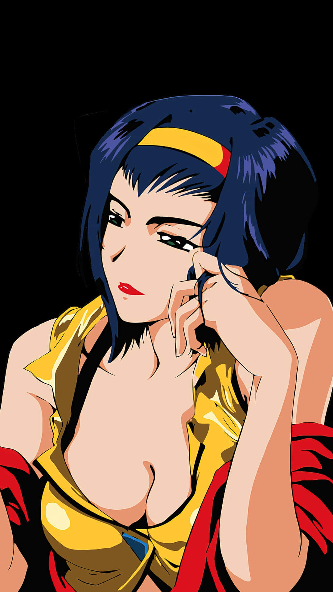 Faye Valentine 桌布 壁紙 — 一位風格化的動漫女性，藍色頭髮和黃色頭帶，在黑色背景前若有所思地觸摸臉龐。