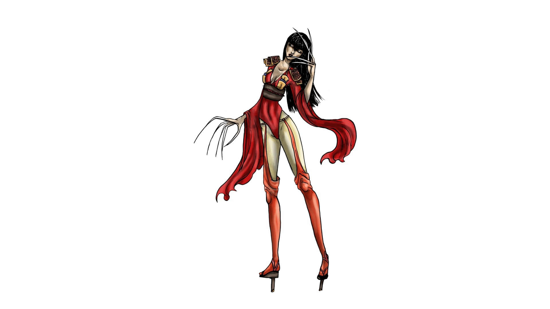 Lady Deathstrike 桌布 壁紙 — 一位風格化的動漫女性，長長的黑髮和紅色服裝，在純白背景前以爪狀手勢擺姿勢。