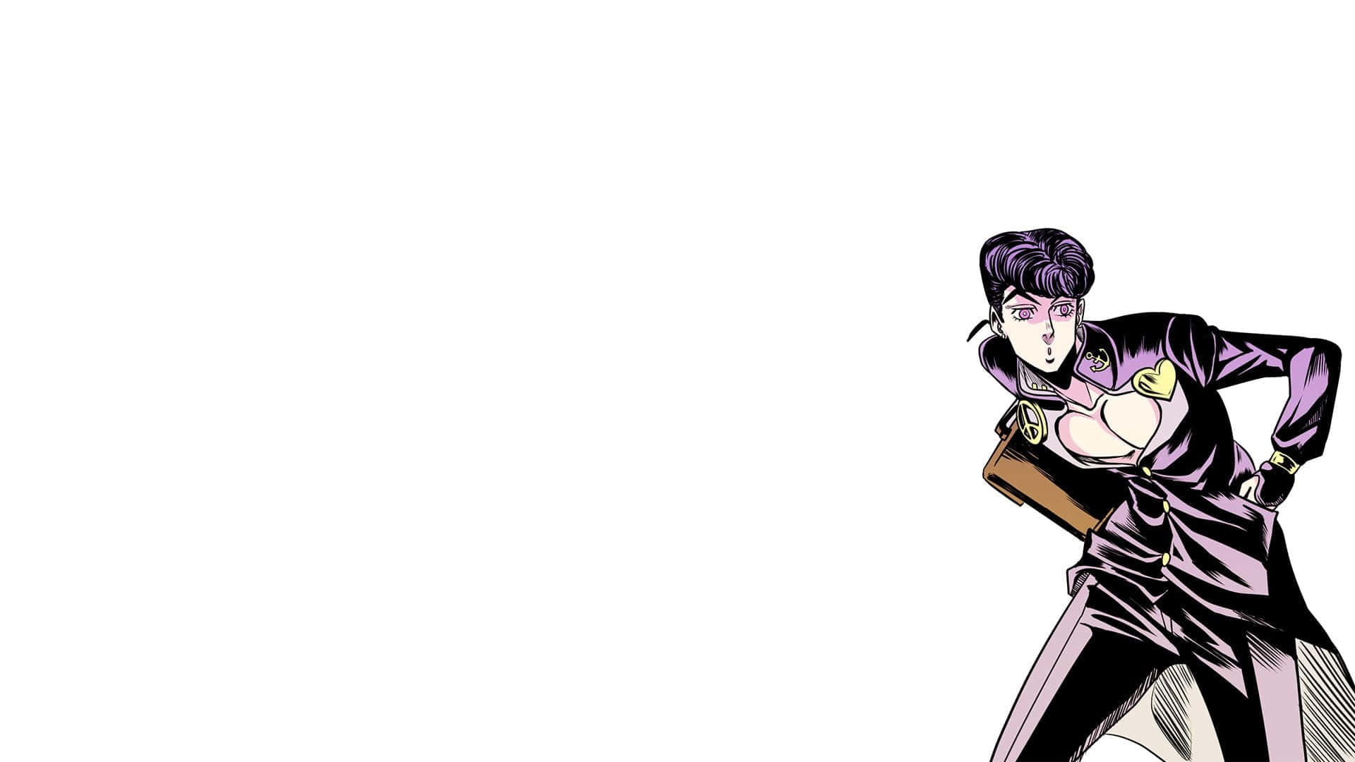 Josuke Higashikata 桌布 壁紙 — 一位風格化的動漫女性穿著紫色服裝，向前傾身，在純白背景前拿著一本書。