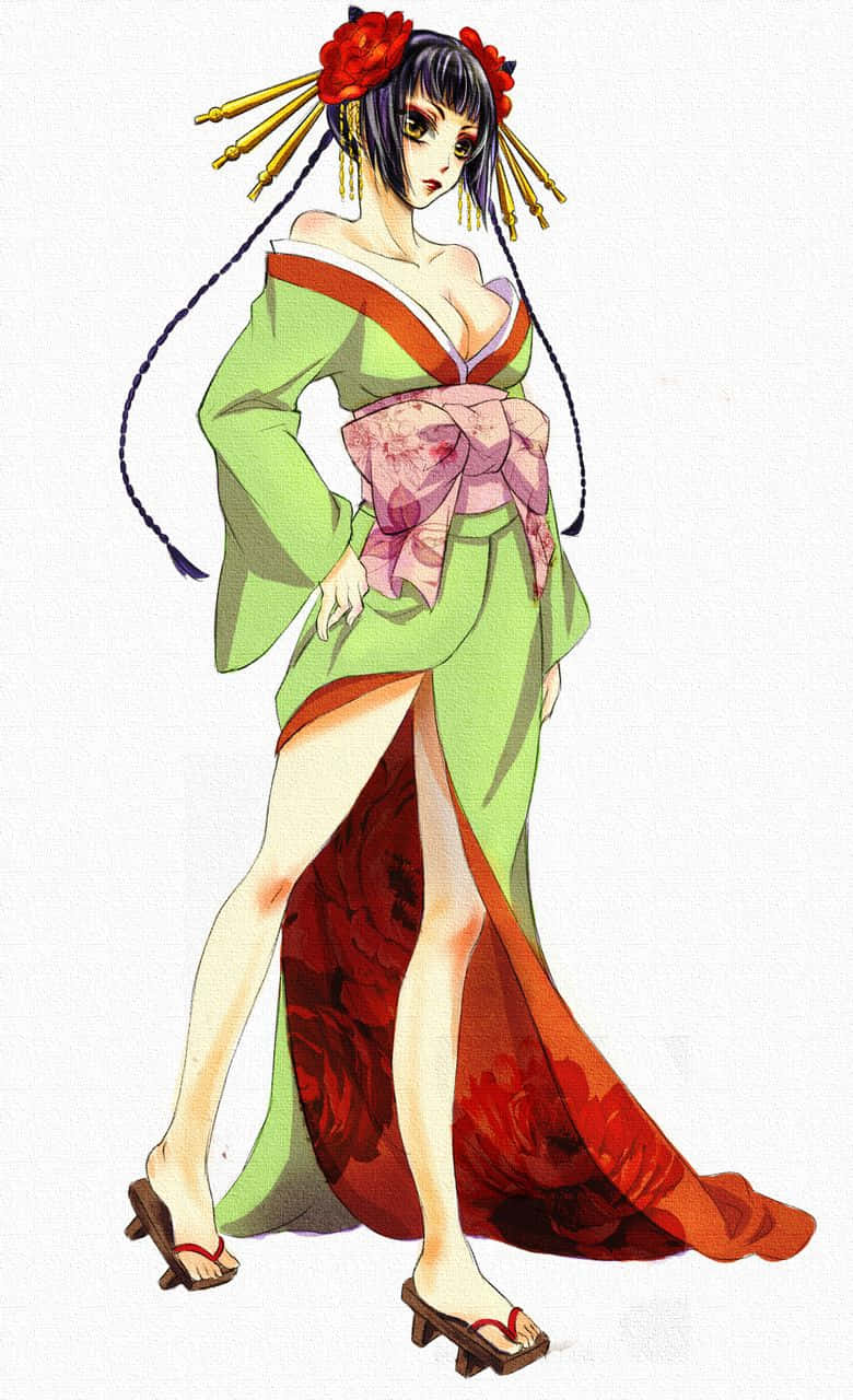 Ran-mao 桌布 壁紙 — 一位風格化的動漫女性穿著綠色和紅色的和服，戴著花卉髮飾，自信地站在素色背景前。