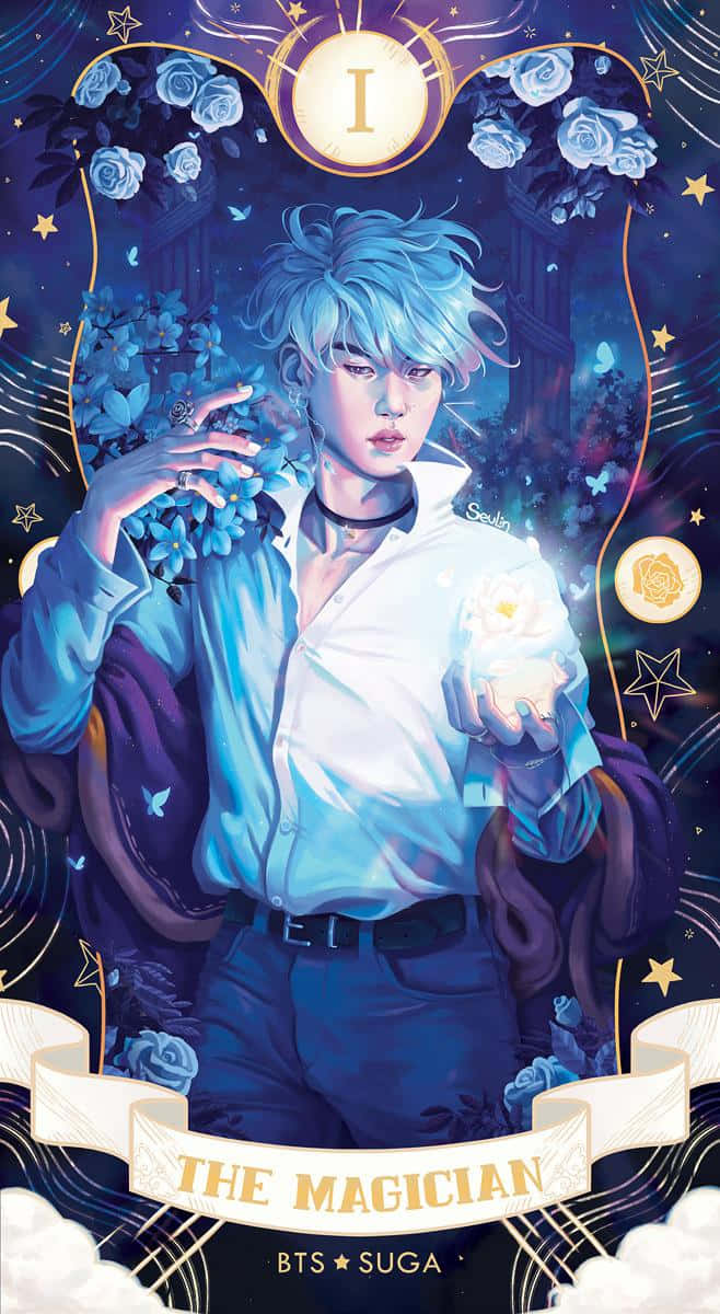 Bts Fanart 桌布 壁紙 — 一位風格化的動漫魔術師，藍色頭髮，在天體拱門下，手持發光球體，周圍環繞花卉和星星圖案。