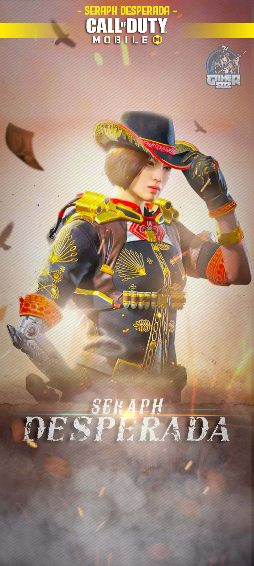 Cod Mobile Character Skins 桌布 壁紙 — 一位風格化的女兵穿著華麗的牛仔裝備，自信地站在塵土飛揚的日落背景前，周圍有飛揚的碎片。