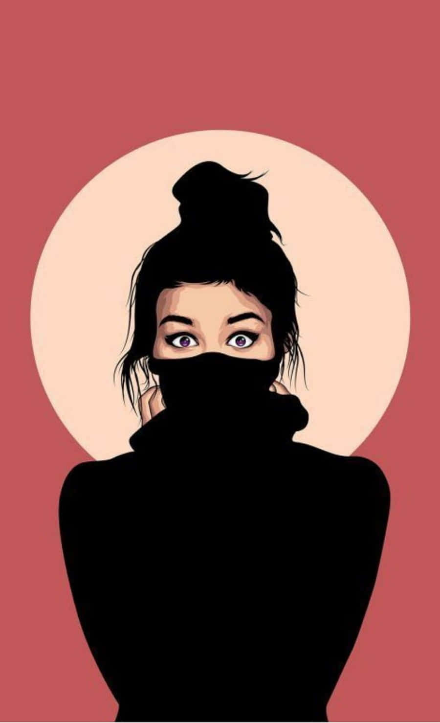 可愛少女風gif 桌布 壁紙 — 一位風格化的女性，戴著黑色面罩和高髮髻，在柔和的桃色圓圈前，在柔和的紅色背景上強烈凝視。