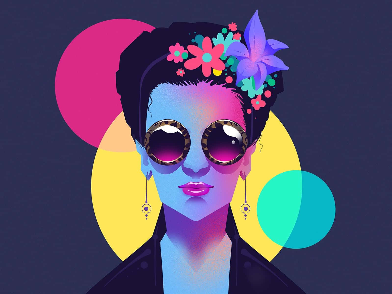 Postmodernism 桌布 壁紙 — 一位風格化的女性，擁有花卉頭髮和豹紋太陽眼鏡，站在大膽多彩的圓圈背景前。
